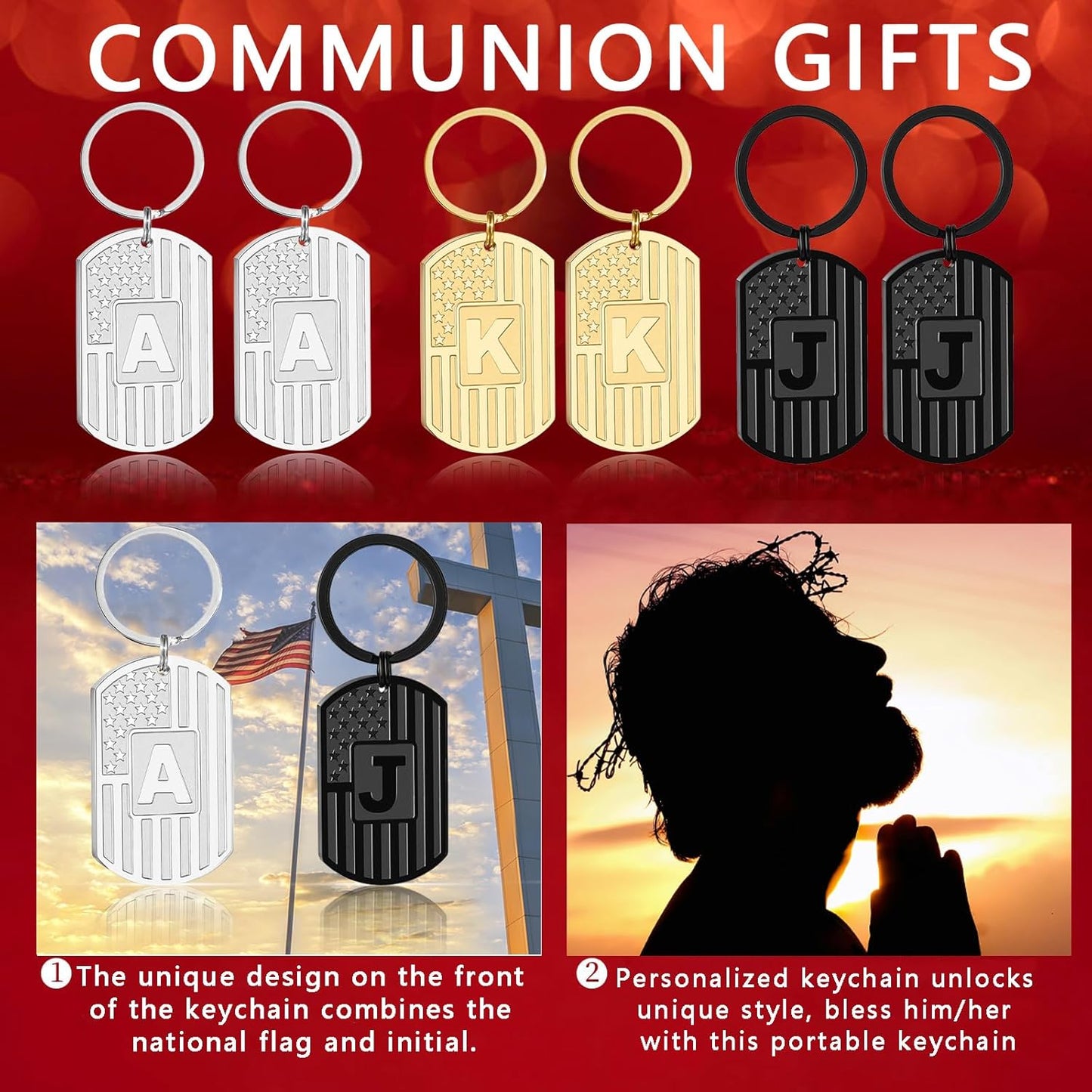 Initial Keychain Gifts for Men,A-Z Letter American Flag Dog Tag Stainless Steel Keychain,Mens Accessories Gift