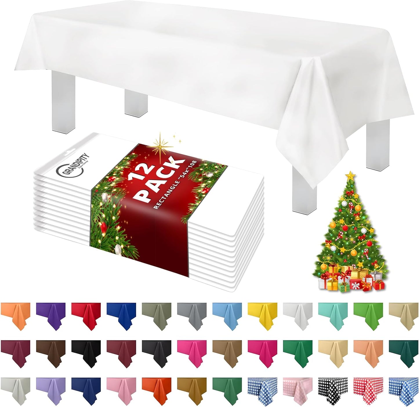 Grandipity 12 Pack Premium Disposable Plastic Tablecloth 54 Inch. x 108 Inch. with 0.3mm Thickness Table Cover - White