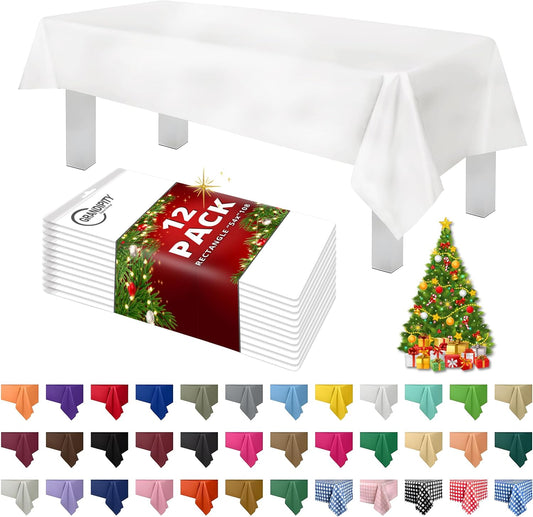 Grandipity 12 Pack Premium Disposable Plastic Tablecloth 54 Inch. x 108 Inch. with 0.3mm Thickness Table Cover - White