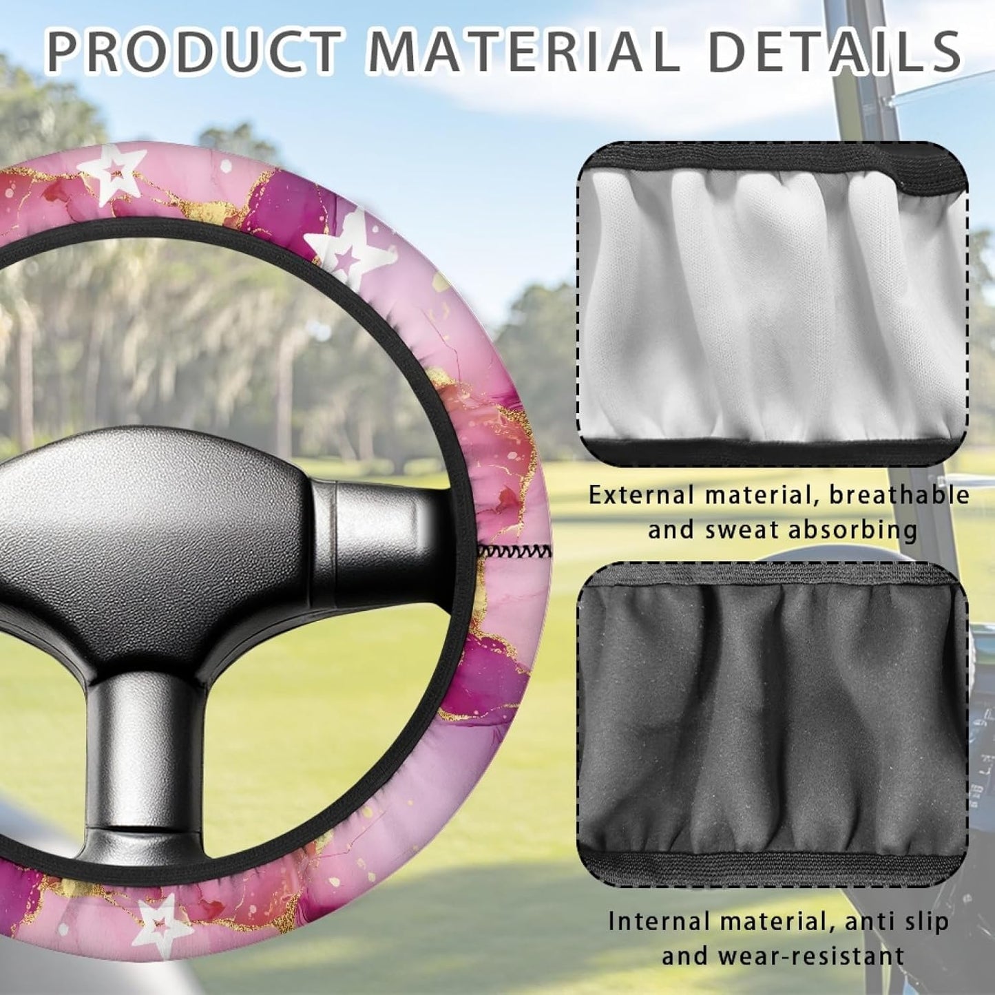 Pink Marble Print Golf Cart Steering Wheel Cover 13 Inch - 14 Inch Golf Cart Steering Wheel Covers Star Club Car Accessories for Women