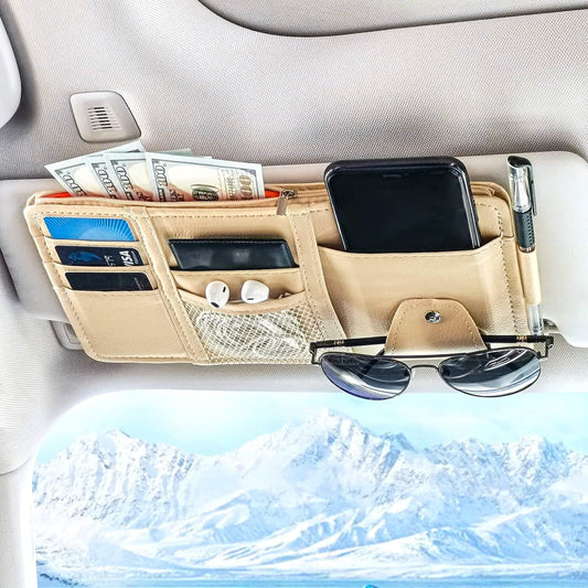 Keedolla Car Sun Visor Organizer Auto Interior Accessories Pocket Organizer, Sunglasses Holder Car Truck Visor Storage Pouch for Cards, Pens and Document - Beige