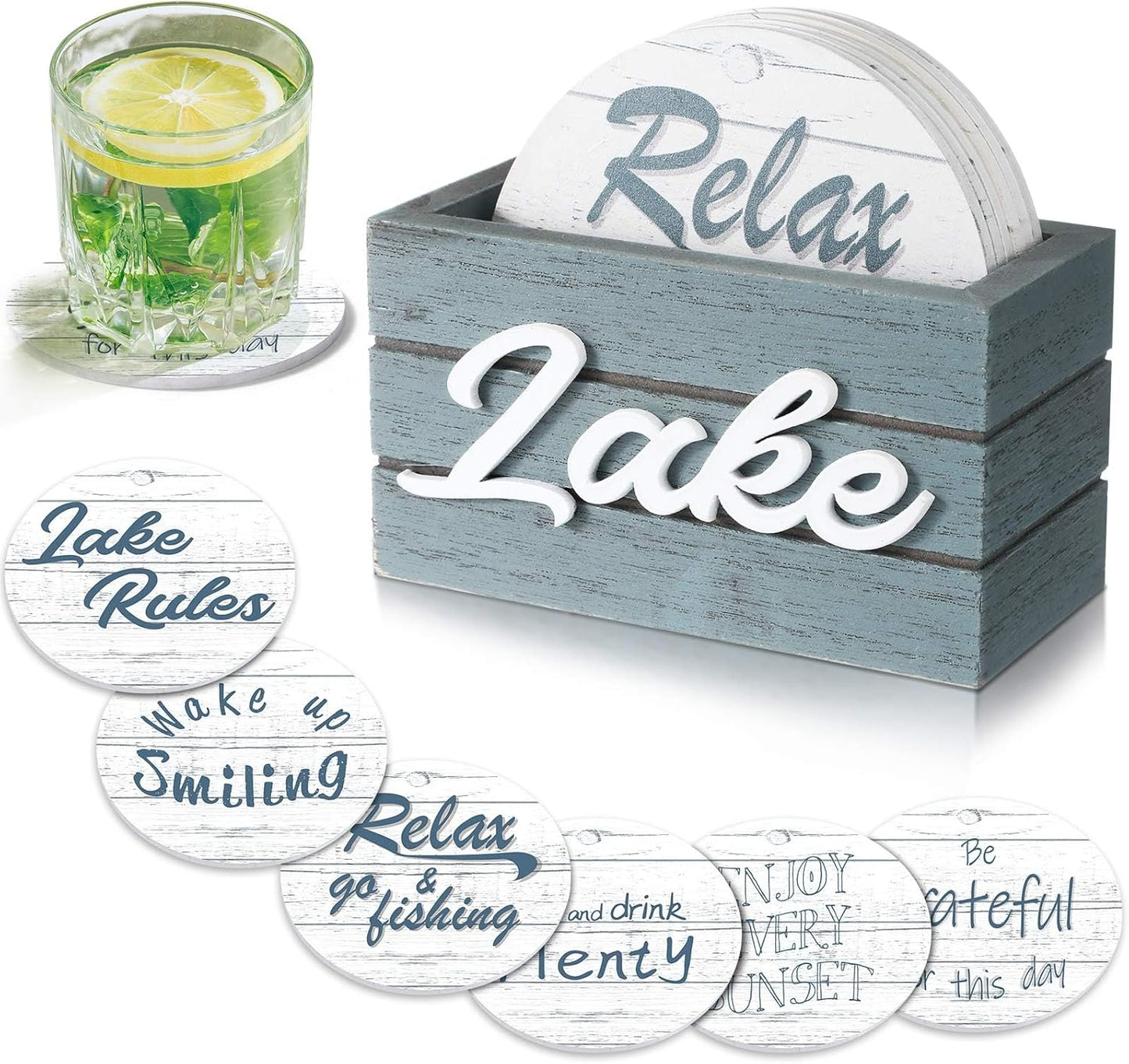 Queekay 6 Set Lake Theme Coasters with Holder for Drinks, Lake Lovers House Gifts, 4'' Wooden Coasters with Sayings Housewarming Gifts for Home Bar Coffee Table Decorations (Bright Color)