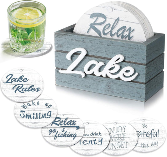 Queekay 6 Set Lake Theme Coasters with Holder for Drinks, Lake Lovers House Gifts, 4'' Wooden Coasters with Sayings Housewarming Gifts for Home Bar Coffee Table Decorations (Bright Color)