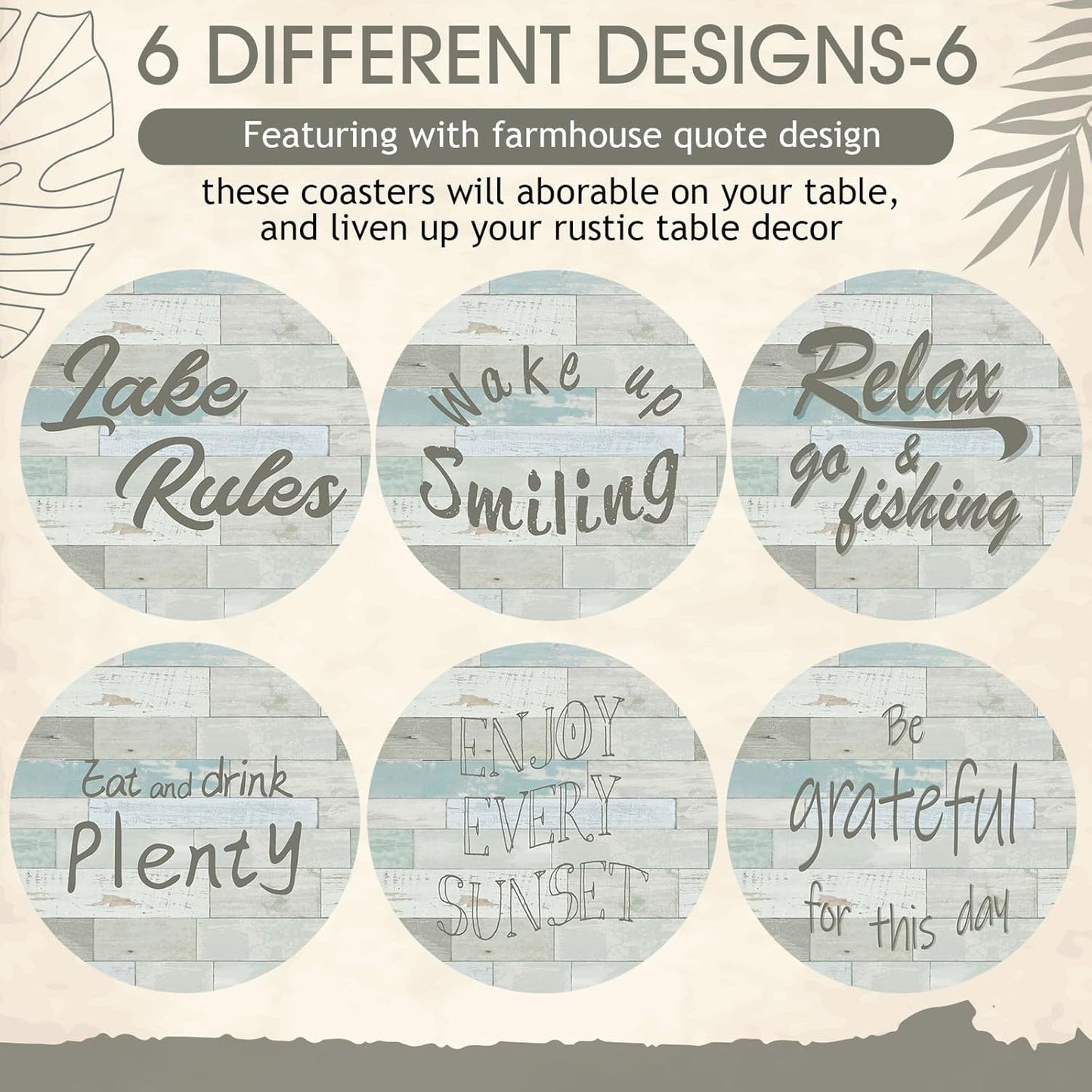 Queekay 6 Set Lake Theme Coasters with Holder for Drinks, Lake Lovers House Gifts, 4'' Wooden Coasters with Sayings Housewarming Gifts for Home Bar Coffee Table Decorations(Stylish Color)