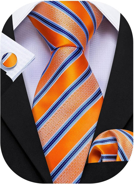 Barry.Wang Designer Classic Ties for Men Set Formal Pocket Square Cufflink Check Plaid