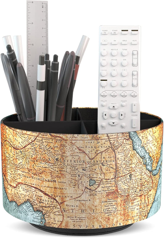 Hennaja Round Leather Art Supply Organizer,Remote Control Holder,360 Degree Rotating,Multi-Functional Pencil Holder,4 Compartments Desktop Stationary Organizer(1-Vintage Map)