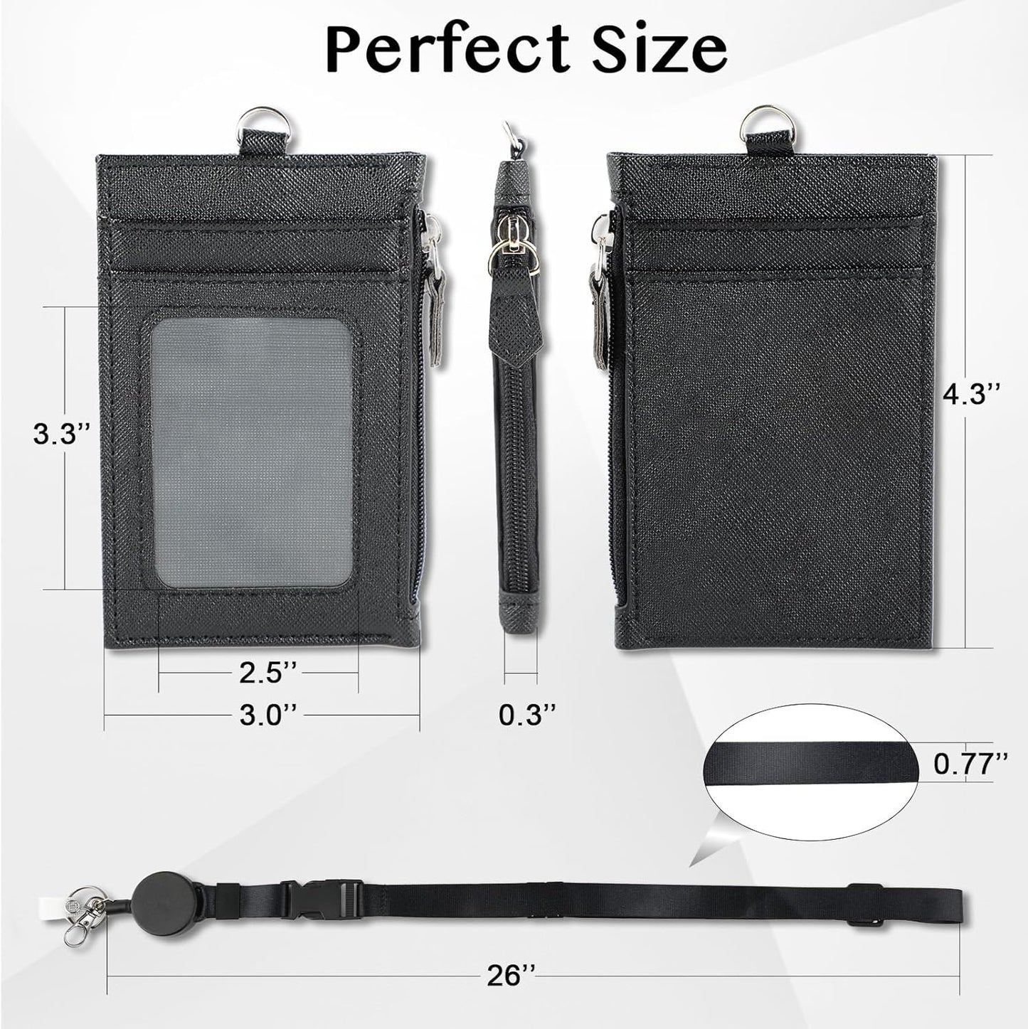 DELSWIN Badge Holder with Retractable Lanyard, PU Leather ID Badge Card Holder with 1 ID Window, 4 Card Slots, 1 Side Zipper Pocket, and Adjustable Neck Strap