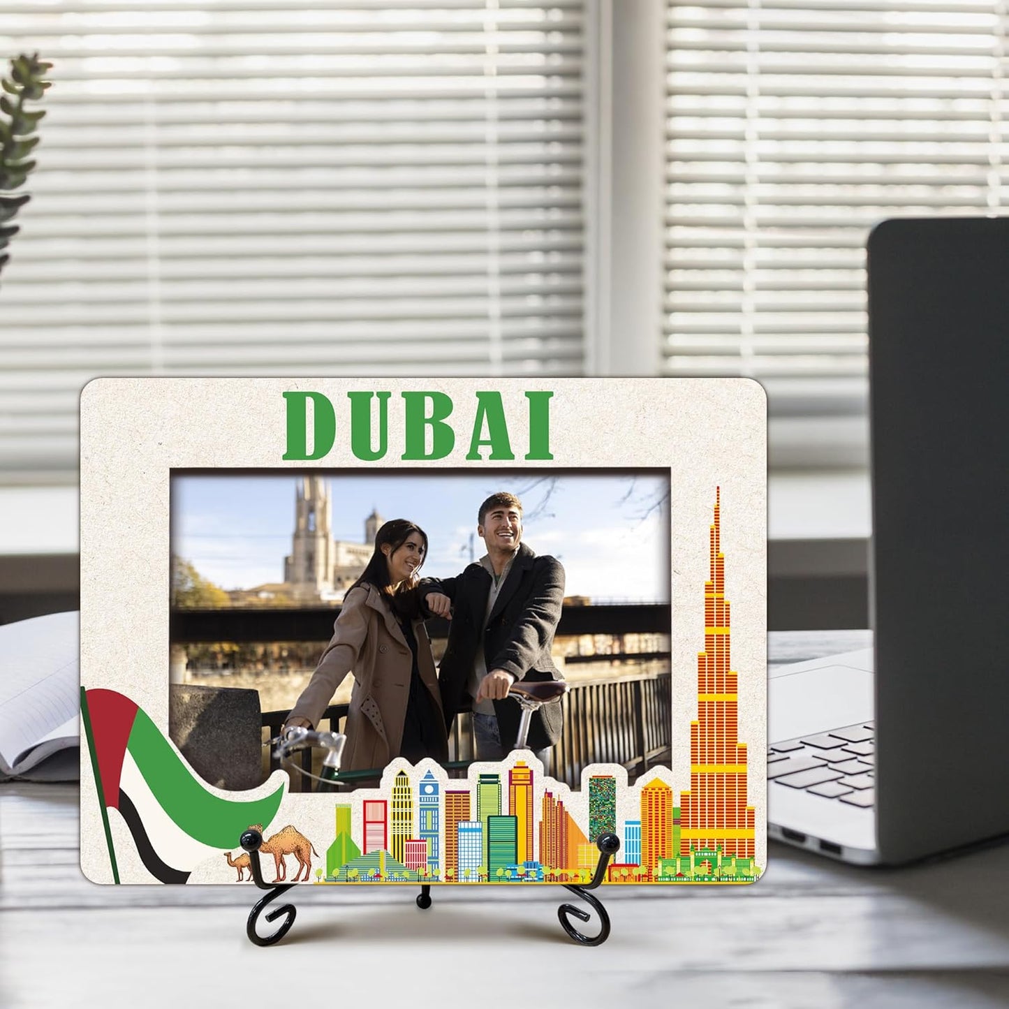Dubai Travel Picture Frame, 5 x 8 Dubai Themed Wooden Photo Frame with Stand, Vacation Anniversary Honeymoon Gifts For Friend Family Couples, Home Office Desk Decorations-A18