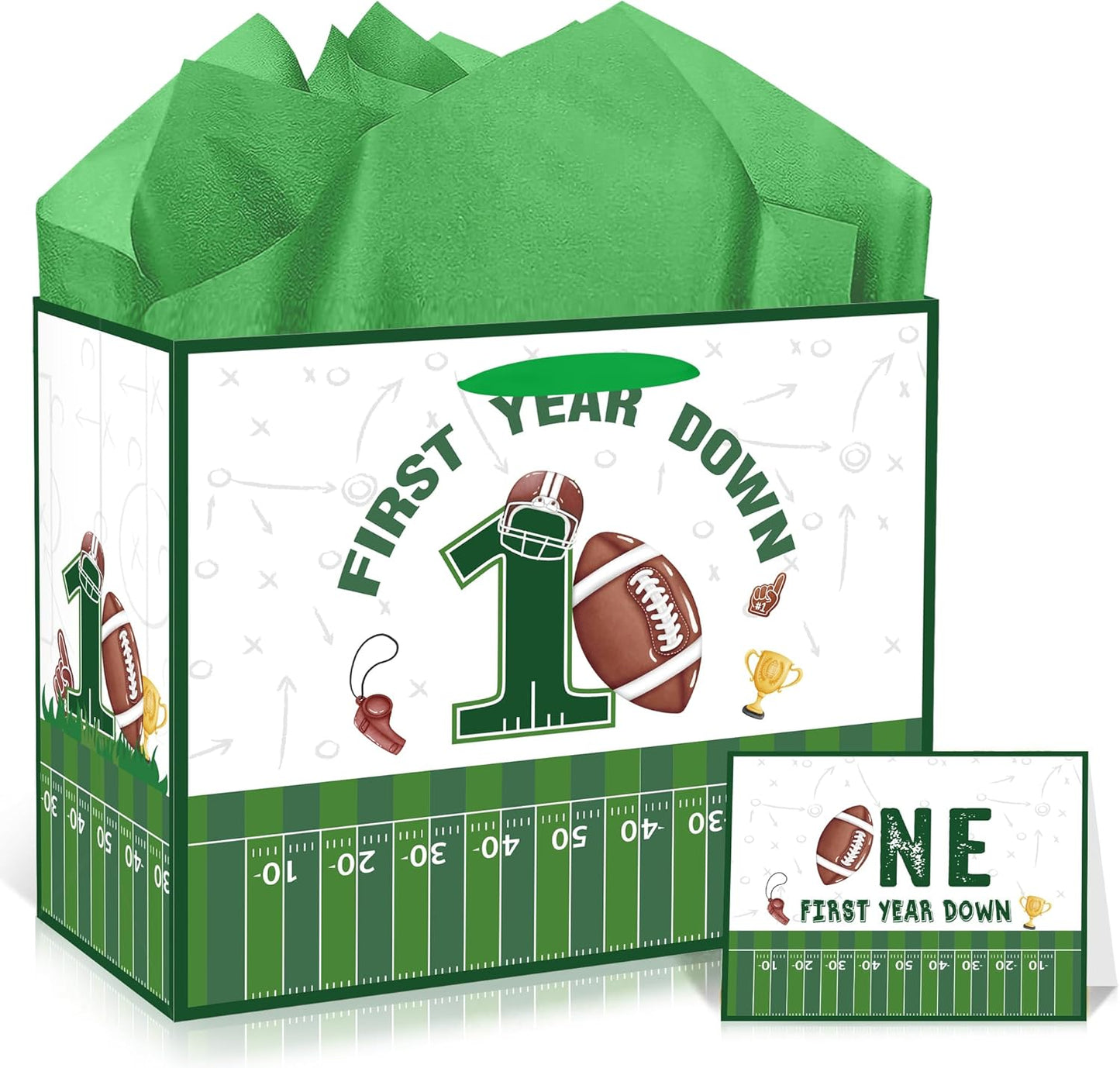 EoBeCy First Year Down Football Gift Bags, Large First Birthday Gift Bag with Tissue Paper and Greeting Card, Football Wrapping Paper for Boys Kids Men Sports Theme 1st Birthday Party Favor Supplies