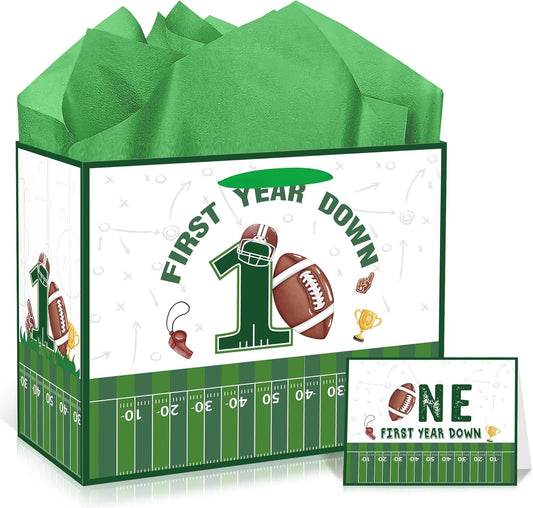 EoBeCy First Year Down Football Gift Bags, Large First Birthday Gift Bag with Tissue Paper and Greeting Card, Football Wrapping Paper for Boys Kids Men Sports Theme 1st Birthday Party Favor Supplies