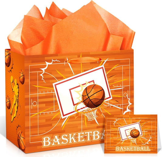 Basketball Party Gift Bag, Basketball Gift Wrap Bag with Tissue Paper and Card Decorations for Sport Party Favor Basketball Birthday Goodie Gifts Treat Candy Wrapping Bags for Kids Adult Team Supplies