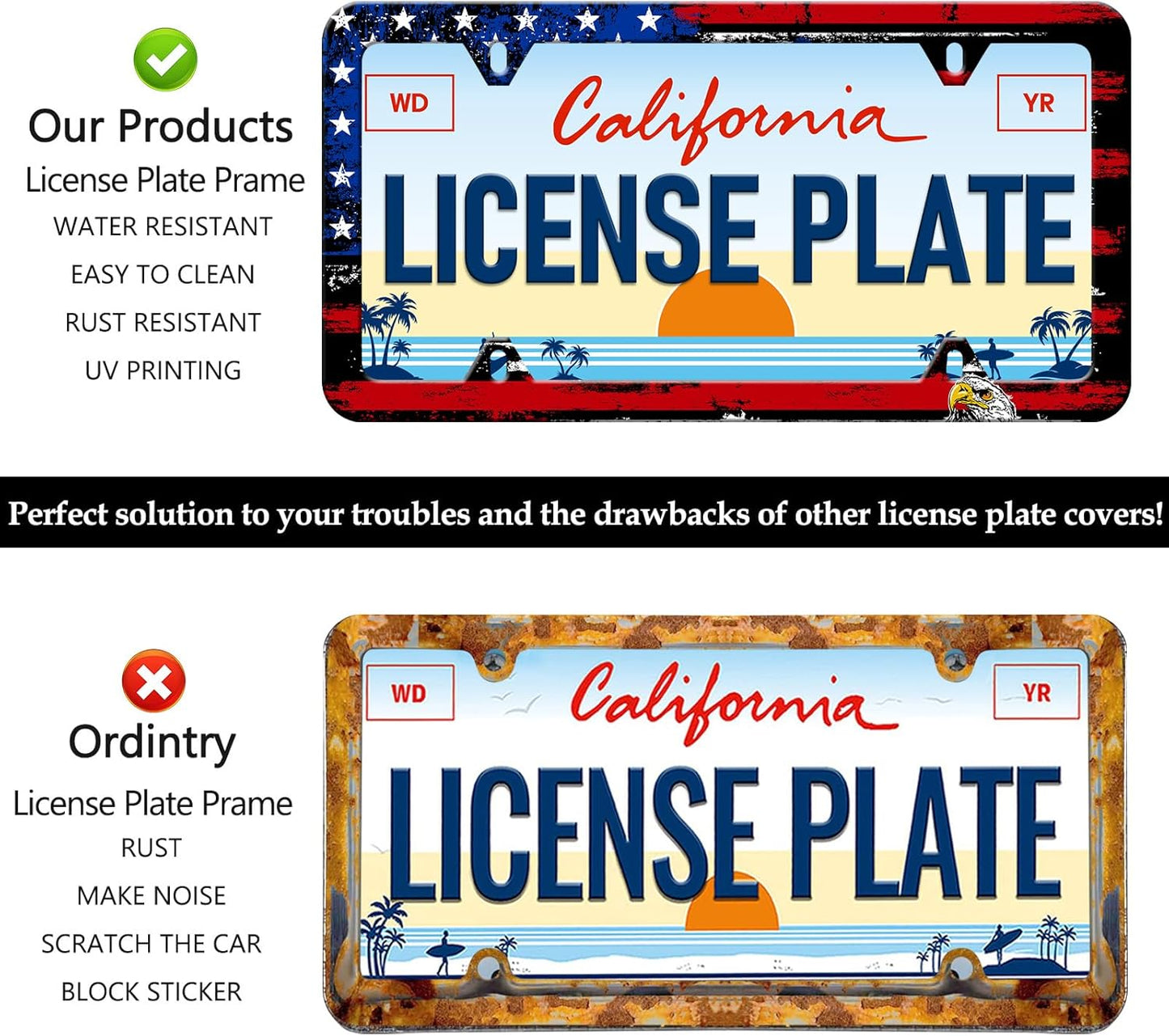 American Flag Eagle License Plate Frames - 2 Pack Front Rear Patriotic License Plates Holder Covers, Aluminum Metal Rust-Proof Waterproof Car Tag Frame with Screws Fasteners Caps