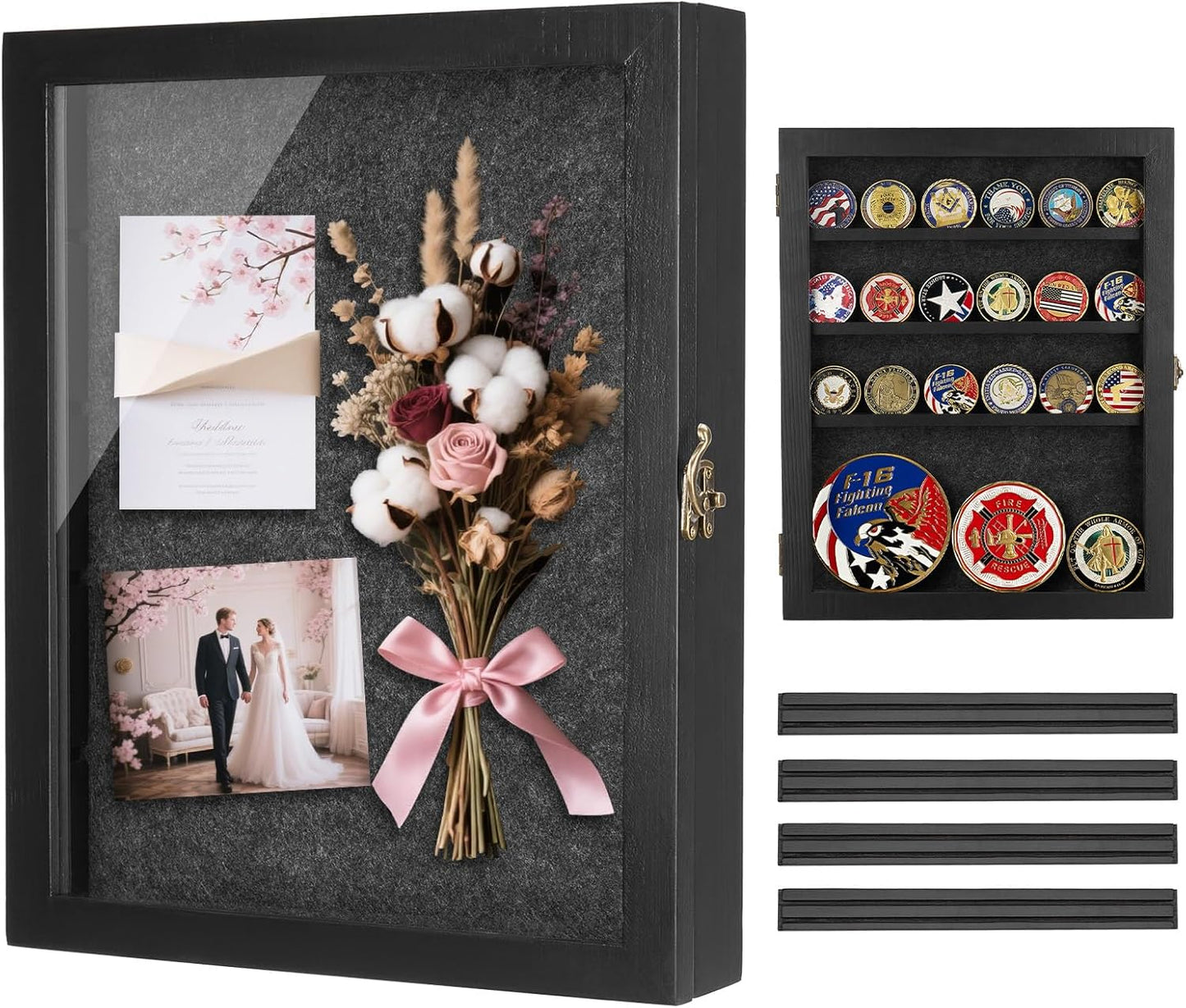 Black Shadow Box Frame 11X14 with Shelves, Medal/Challenge Coin Display Case, Pet Memorial/Wedding Shadow Box, Best Anniversary/Birthday/Bridal Shower/Engagement/Wedding Registry/House Warming Gifts