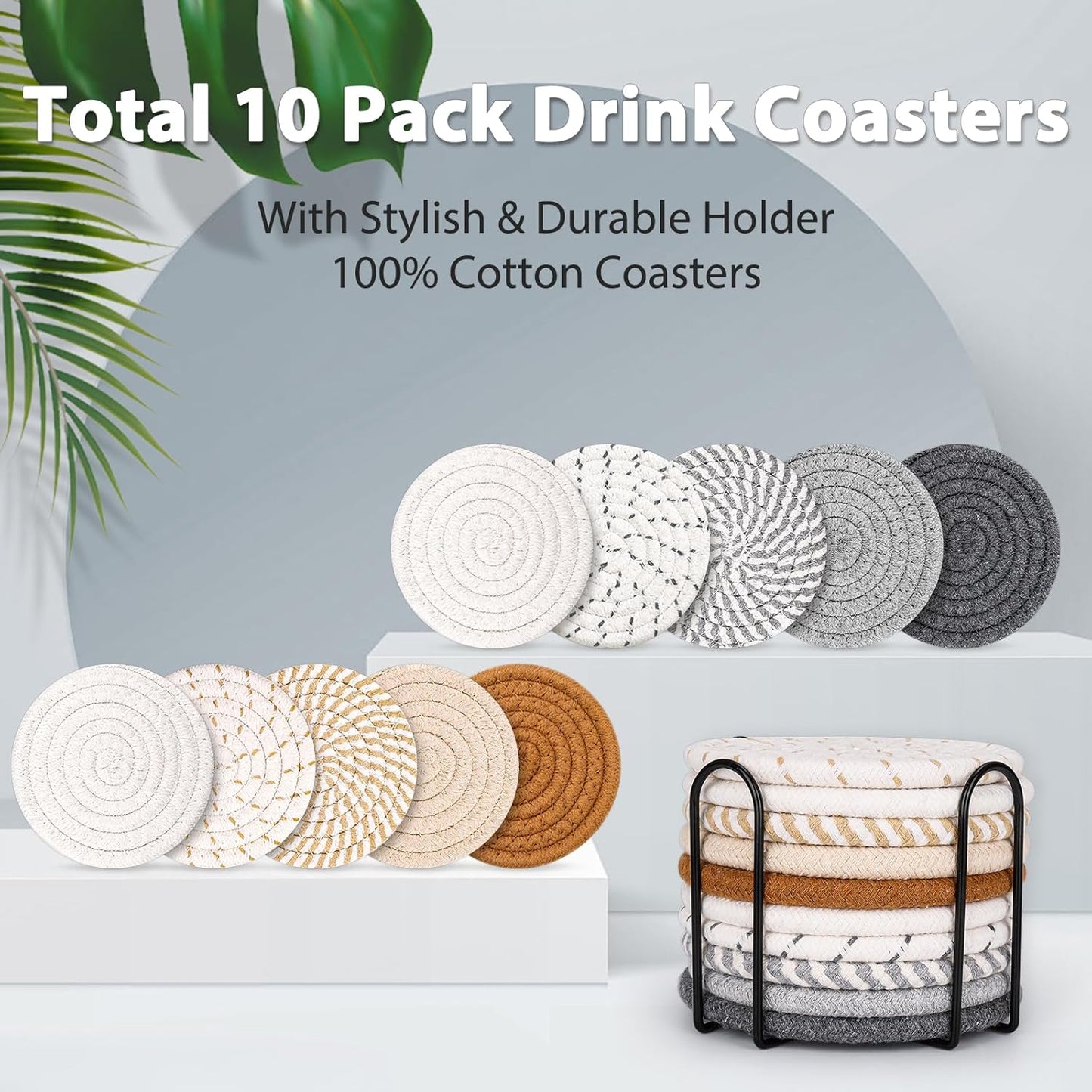 Mckanti 10 Style Drink Coasters with Holder, Absorbent Coasters for Coffee Table, Minimalist Cotton Woven Coaster Set for Home Decor Tabletop Protection Suitable for Kinds of Cups, 4.3 Inches.