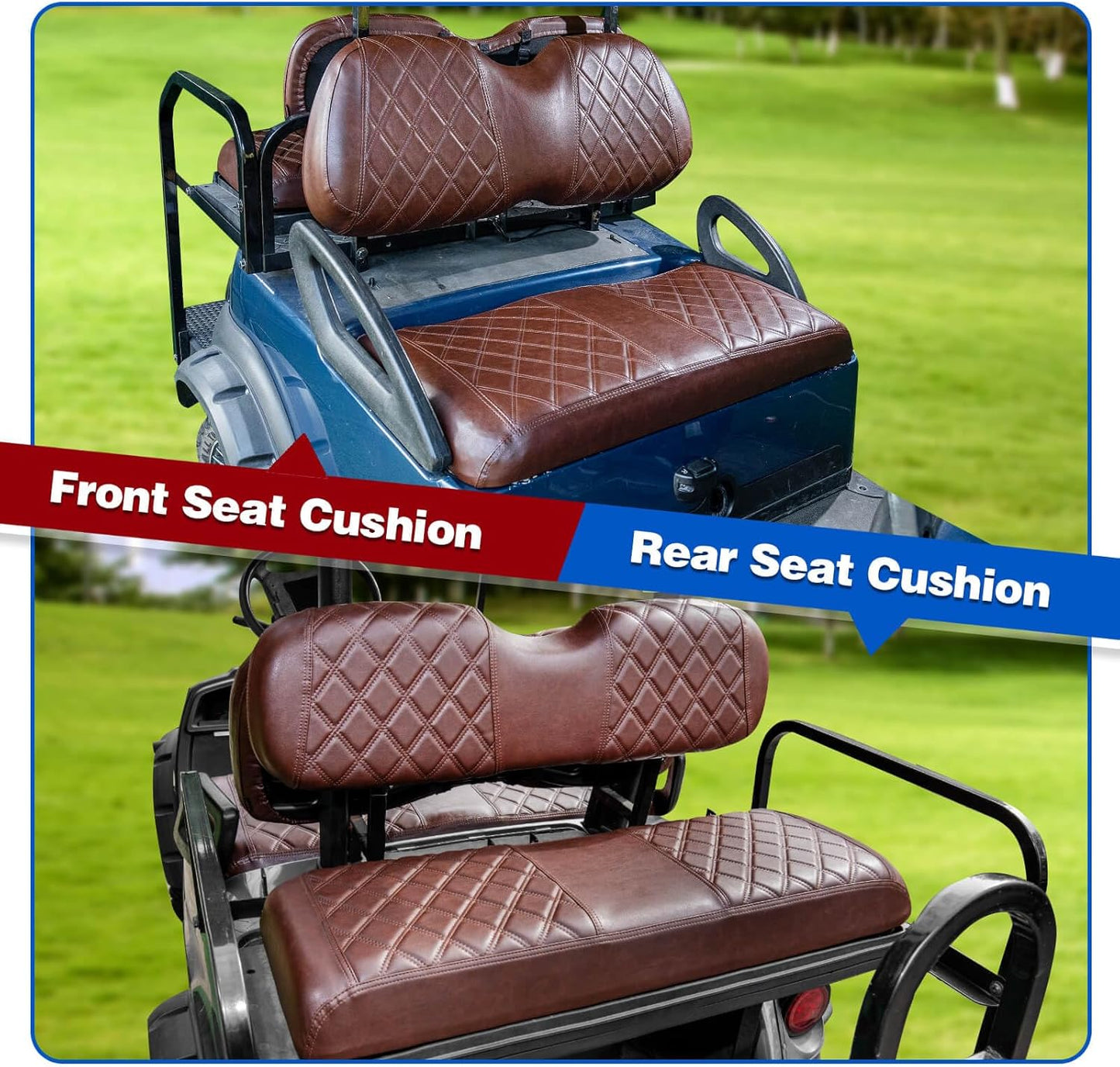 NOKINS 4PCS Golf Cart Seat Covers Kit, Front and Rear Seat Covers Fits Club Car Precedent Standard Seat Cushion, Club Car Vinyl Seat Covers Accessories, No Staples (Brown Brown 8438)