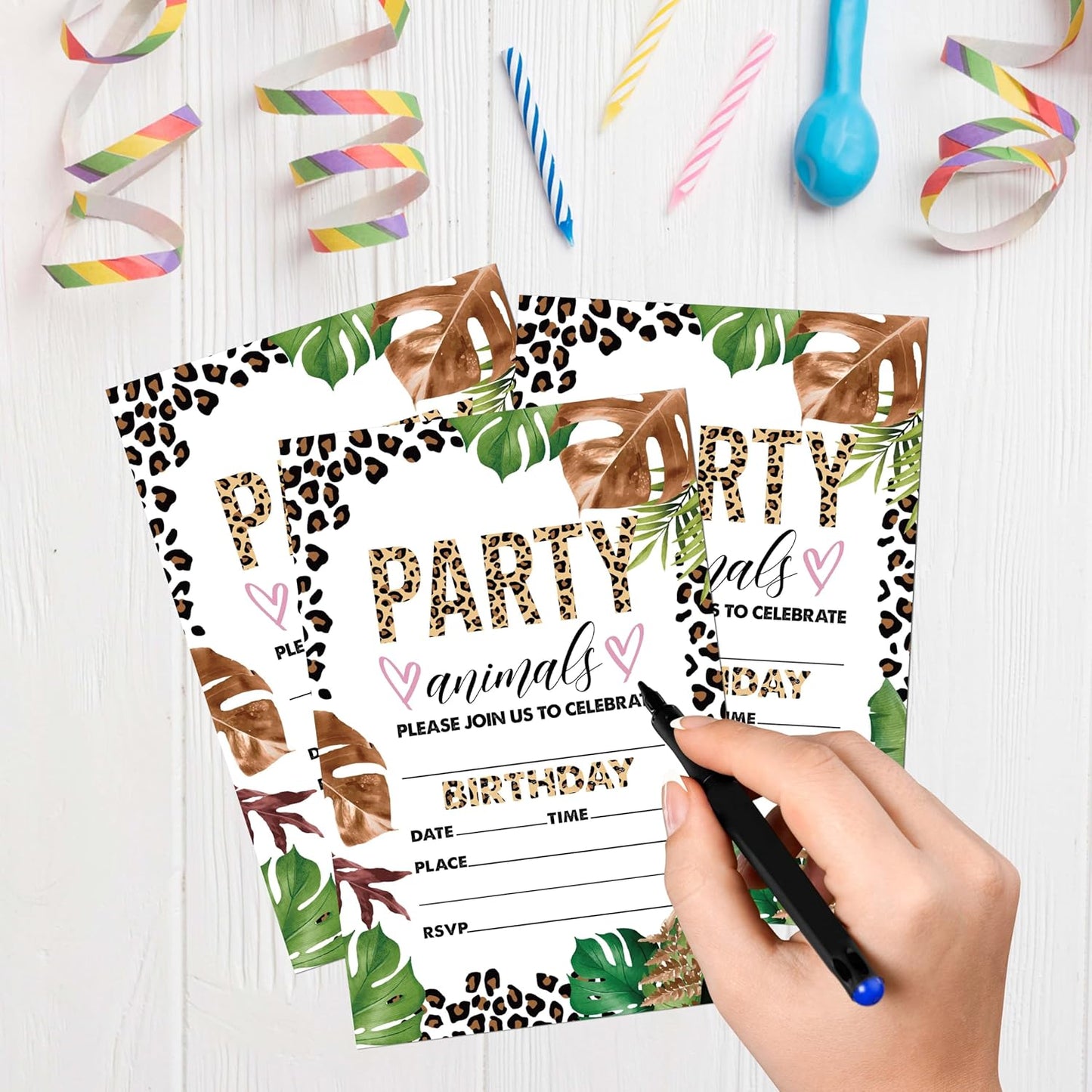 Jungle Animals Birthday Invitations, 20 Invitation Cards with Envelopes, Leopard Print Invites for Party Decorations Favor Supplies - A12