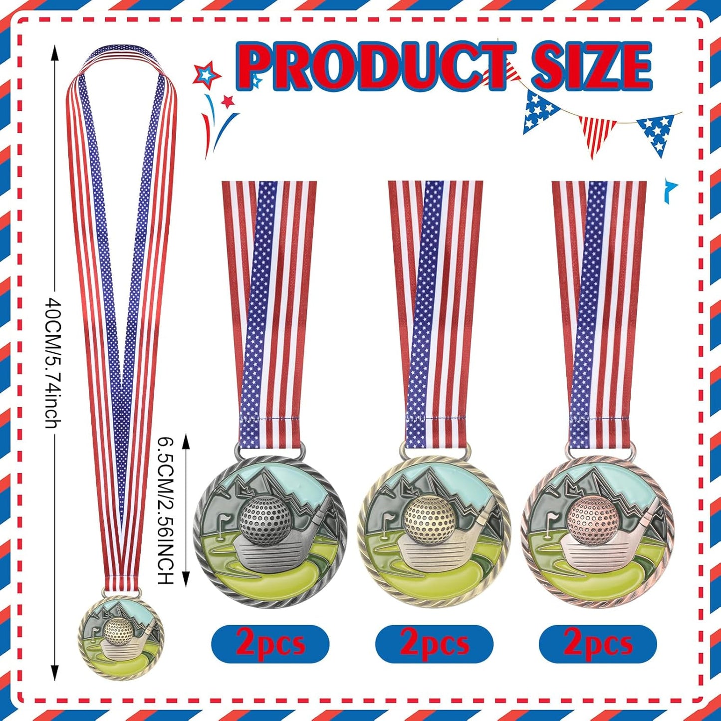 6 Pcs Golf Color Medal Gold Silver Bronze Golf Ball Award Medals with Neck Ribbon for Kids Adults Sports Tournament