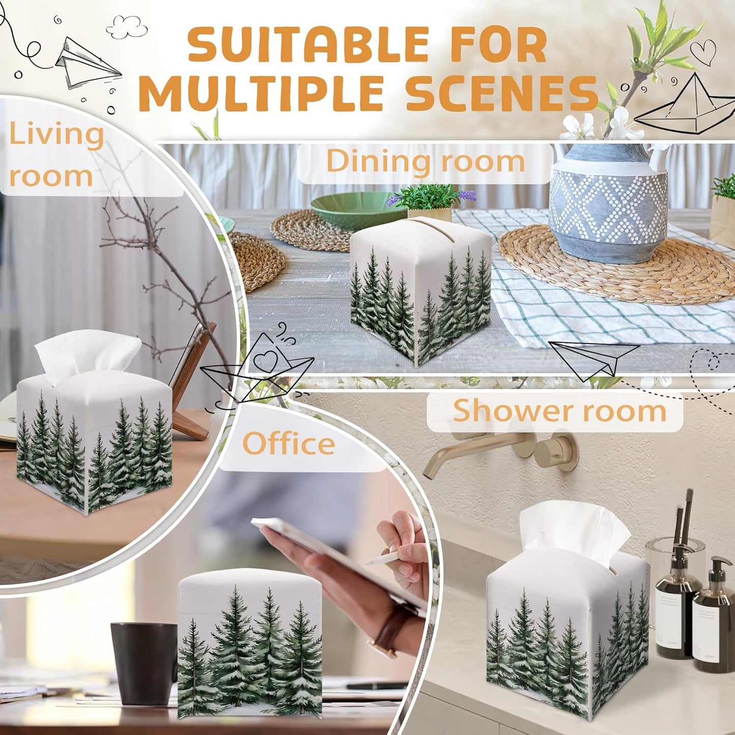Winter Pine Tree Tissue Box Holder, Leather Tissue Box Cover Square with Bottom Belt, Paper Facial Decorative Tissues Cover for Night Stands Bathroom Kitchen Office Home Decor-B23