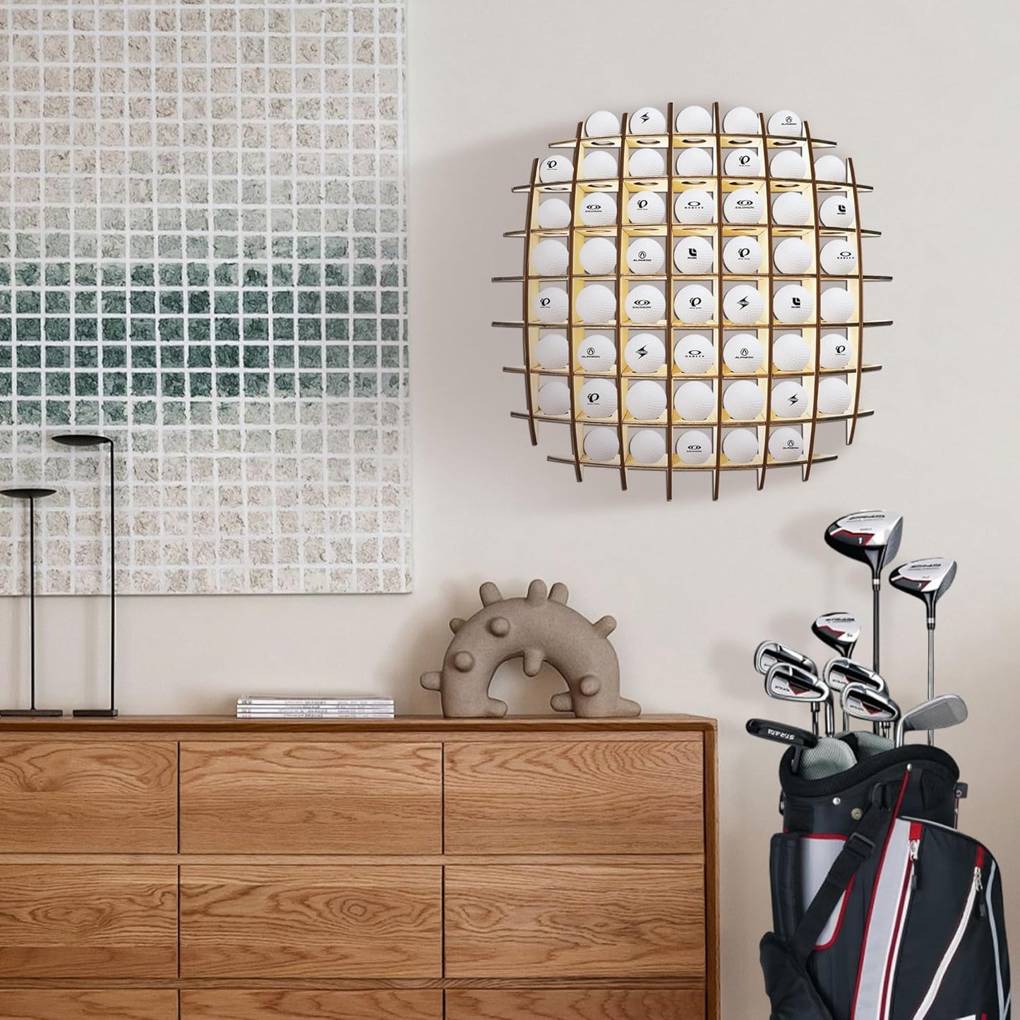 Golf Ball Display up to 52Pcs, Golf Ball Holder Wall Mounted, Golf Ball Rack for Golf Lovers (Oak Color)