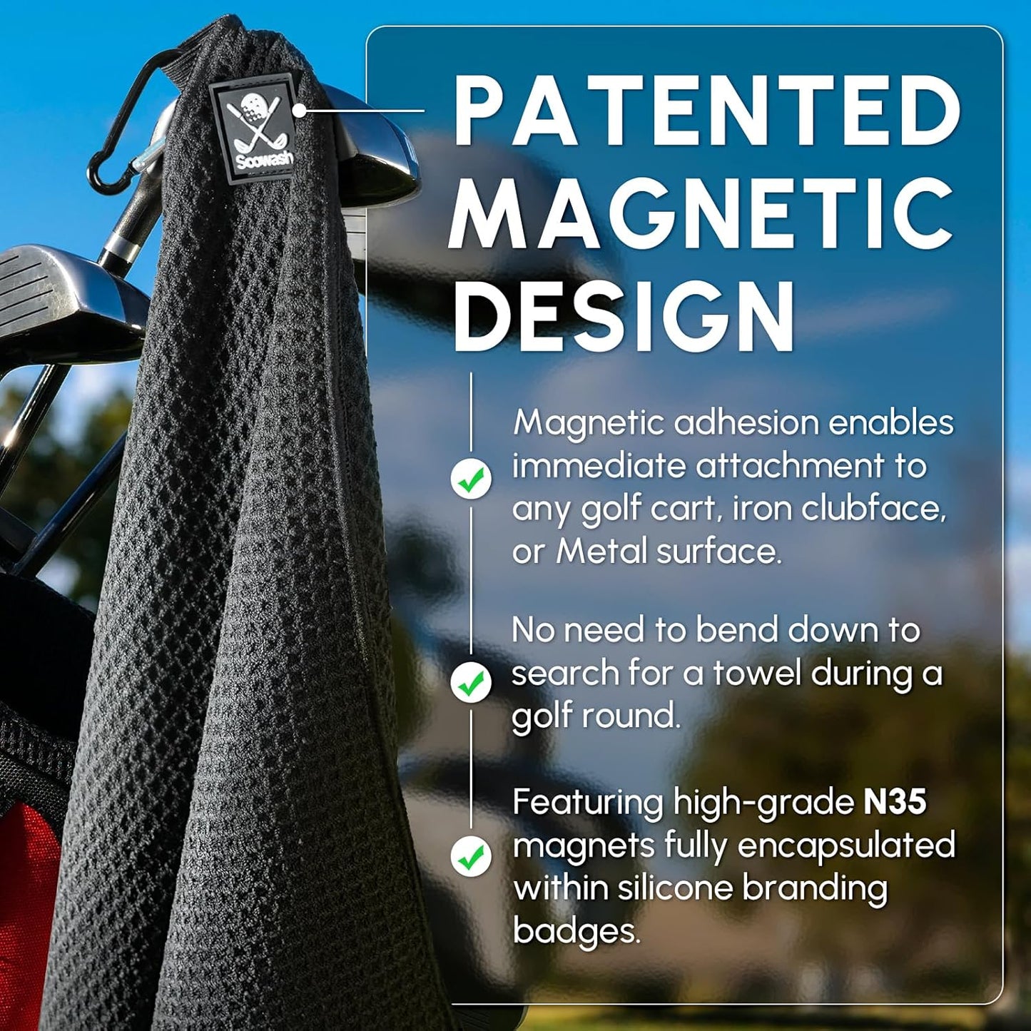 Magnetic Golf Towel 2-Pack, 18x18 Inch Microfiber Waffle Design with Strong Magnet - Golf Towels for Golf Bags/Carts, Quick-Dry & Ultra Absorbent(Black)