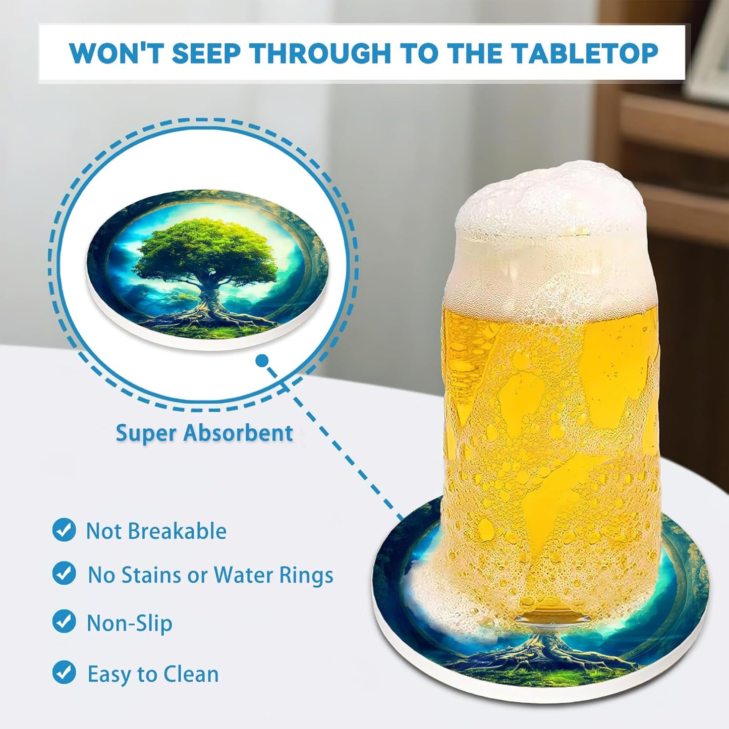 Coasters Set of 4, Magic Green Round 4" Ceramic & Cork Coasters, Absorbent, Ideal for Table Home Decor & Gifts