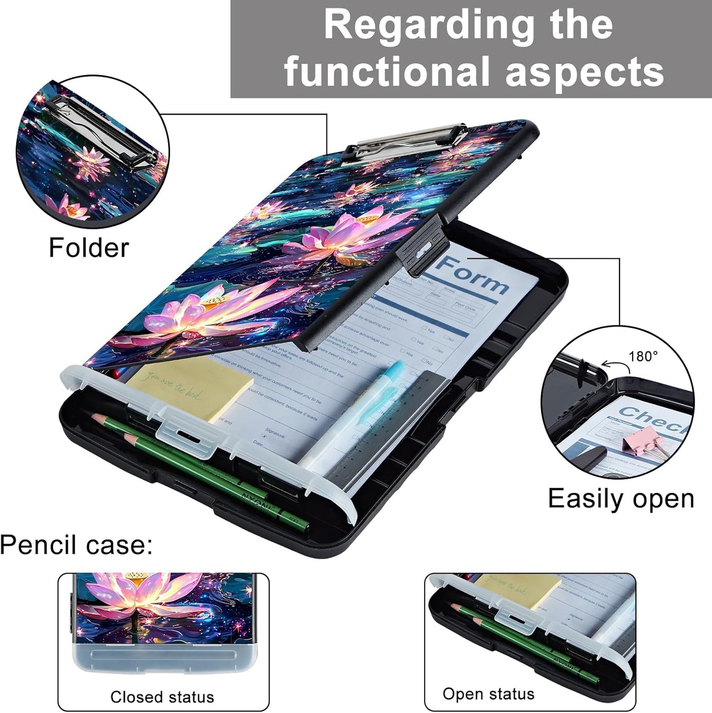 Clipboard with Storage - Large Capacity,Nursing Clipboard with Pen Holder,Heavy Duty,Plastic Side-Opening Folder for Teacher,Nurse - Lotus in The Pond