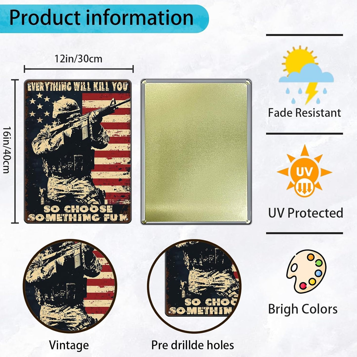 Memorial Day Metal Tin Sign U.S Army Everything Will Kill You So Choose Something Fun Aluminium Sign Veteran Metal Poster 16x12 Inch Home Kitchen Garage Man Cave Coffee Bar Wall Decor