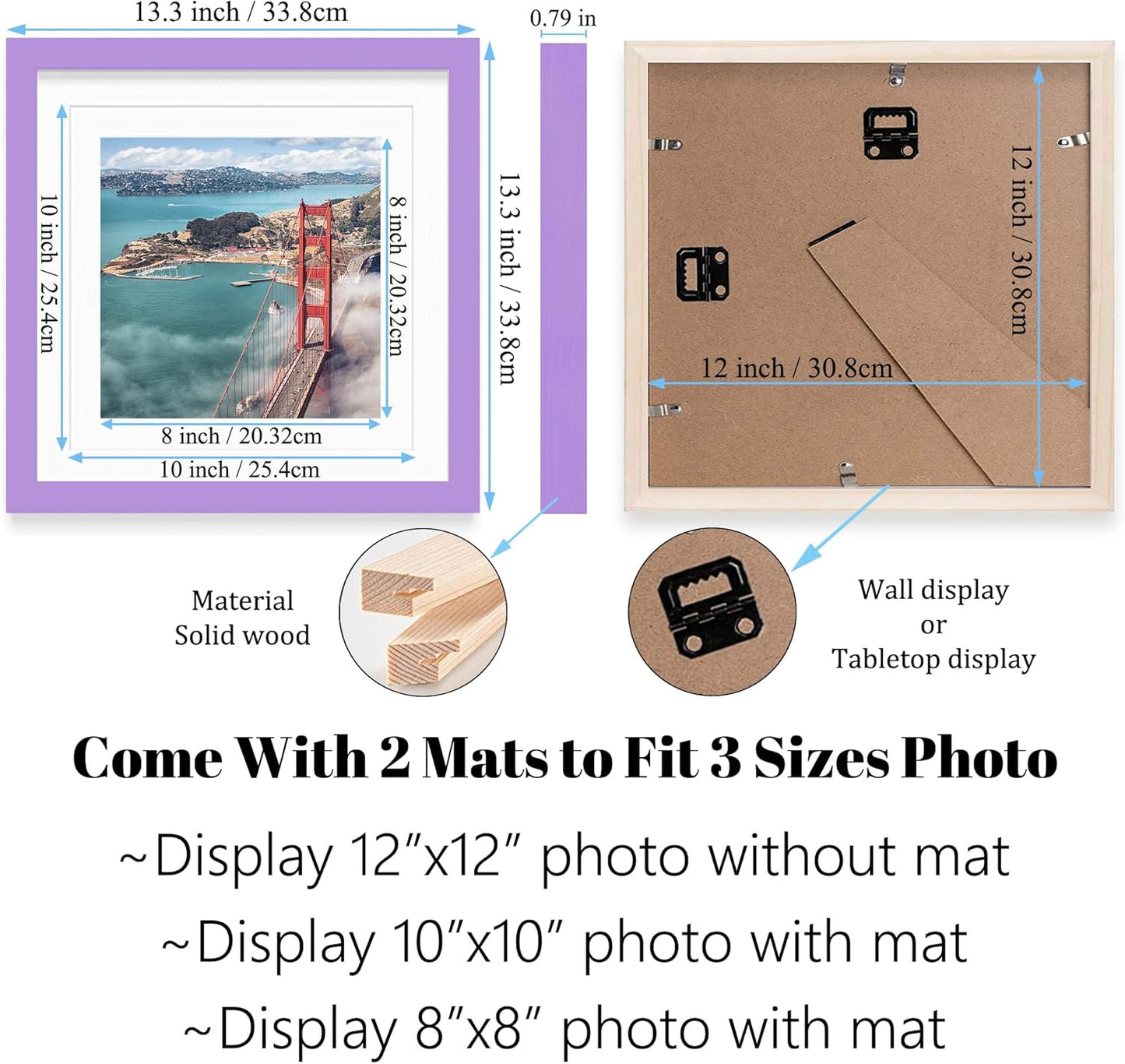 12x12 Wood Picture Frames for Wall Hanging or Tabletop,Diamond Painting Frame Baby Scan Picture Frames with 2 Mats Display 8x8 or 10x10 for Family Walls Decoration,Anniversary,Wedding,Christmas(Purple)