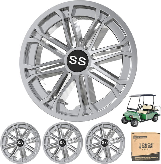 10L0L Golf Cart SS Wheel Covers Hub Caps for EZGO, Club Car, Yamaha - 8 Inch Snap-on Installation, New Chrome, Set of 4