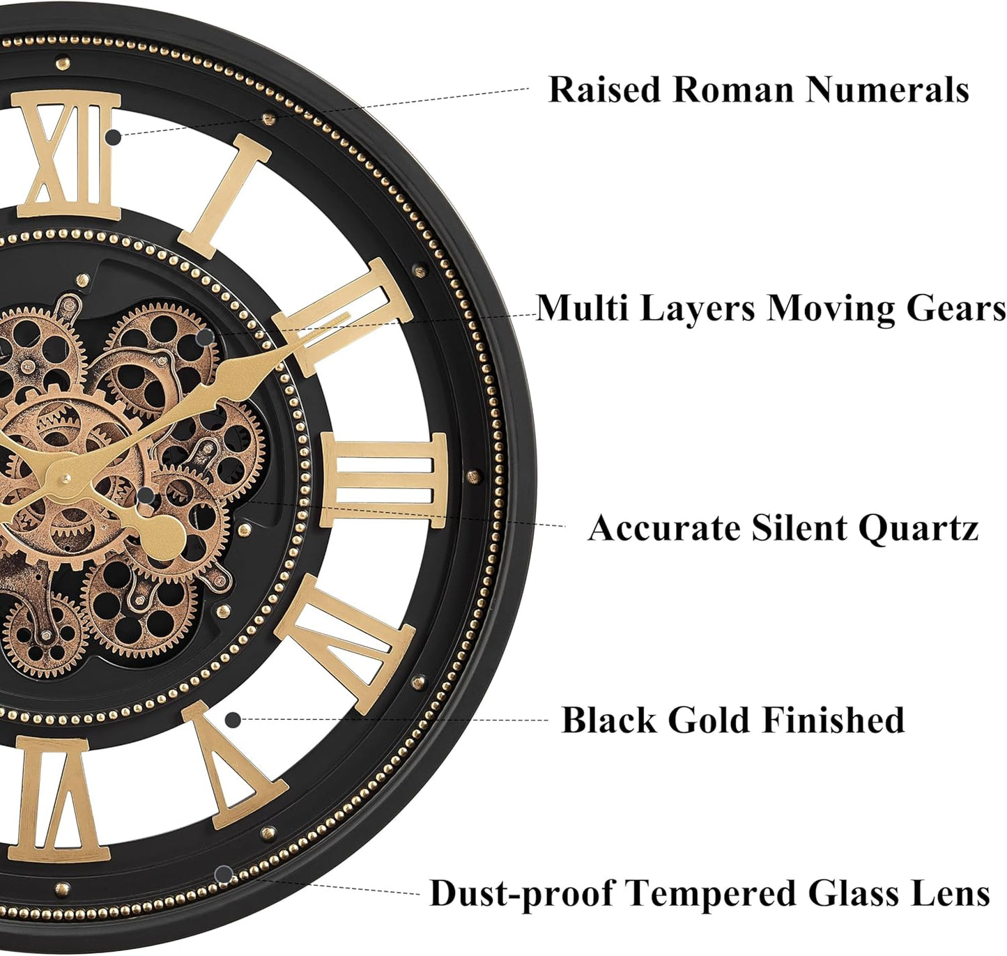 CLXEAST 24 Inch Wall Clock with Moving Gears, Large Roman Numeral Gear Clock for Living Room Decor,Modern Black& Gold Finish,House Warming Gifts New Home