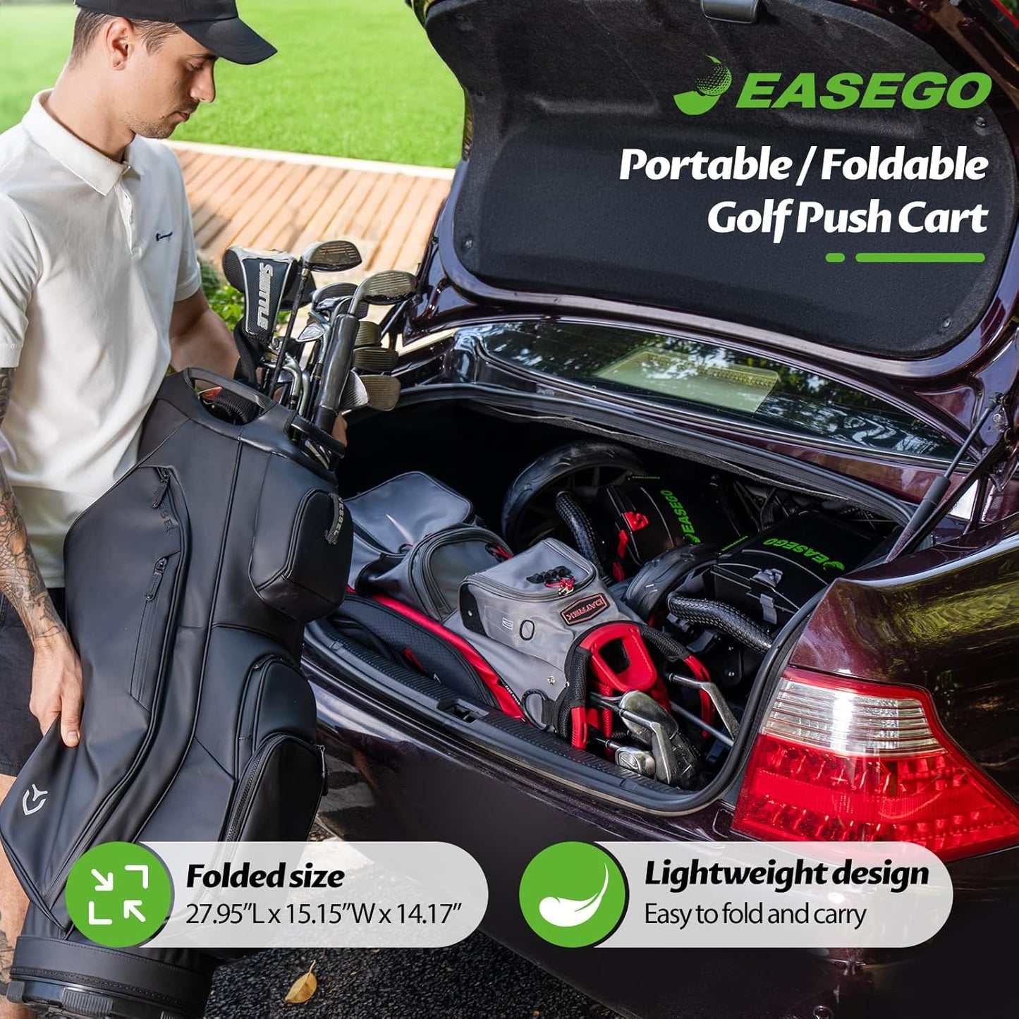 Golf Push Cart 3 Wheel : Golf Bag Cart Foldable with Phone Holder/Cup/Umbrella Holder Compact Golf Pull Carts Quick Fold Golf Caddy Push Carts with Large Wheelbase for Different Terrain