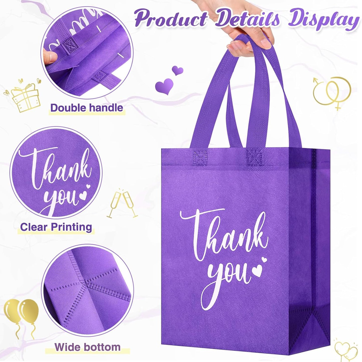 Sweetude 30 Pcs Thank You Gift Bags with Handles Bulk Reusable Goodie Bag Non Woven Foldable Handbag for Graduation Wedding Bridesmaid Gifts(10 x 8 x 4 Inch,Dark Purple)
