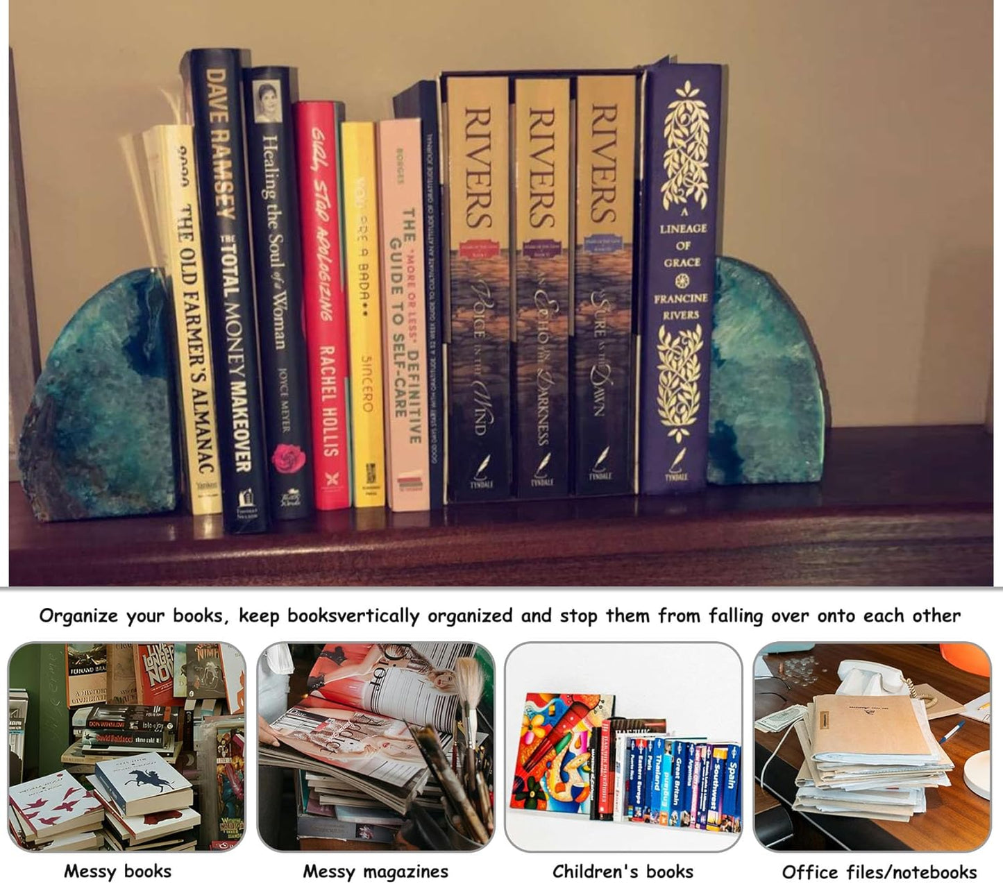 AMOYSTONE Teal/Green Agate Bookends, Heavy-Duty Large Book Ends for Heavy Books, Unique Sujetalibros 6-8 LBS with Rubber Bumpers, Perfect for Office Bookshelf and Home Decor