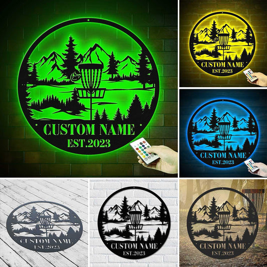 Custom Disc Golf Player Metal Wall Art LED Lights with Name – Personalized Disc Golf Sign for Bedroom, Garage, Boys Room, Sports Themed Gift for Dad, Remote Control Light Model-Disc03