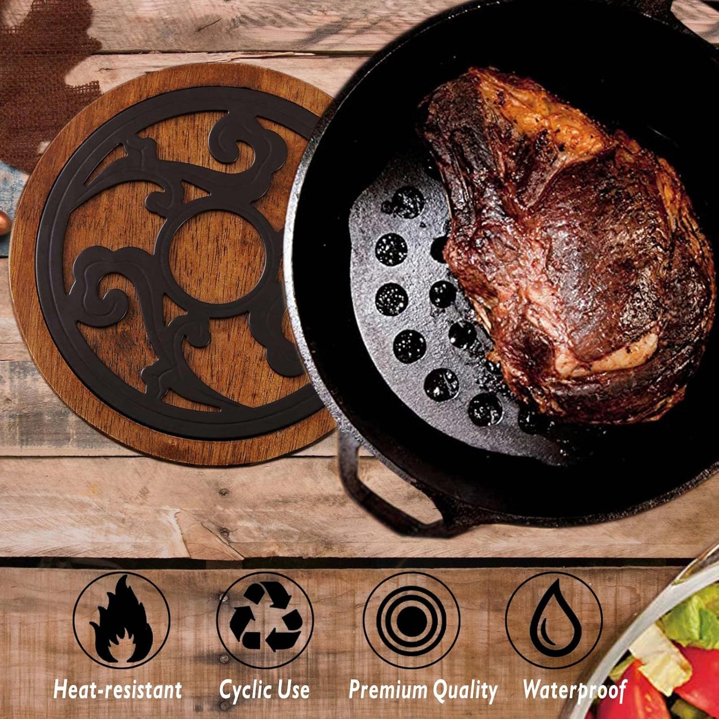 Cast Iron with Wood Trivet, Metal Trivets for Hot Dishes, Decorative 8-inch Round Kitchen Hot Pad, with Vintage Pattern for Serving Pot, Plates & Teapot on Kitchen Countertop or Dinning Table(Black)