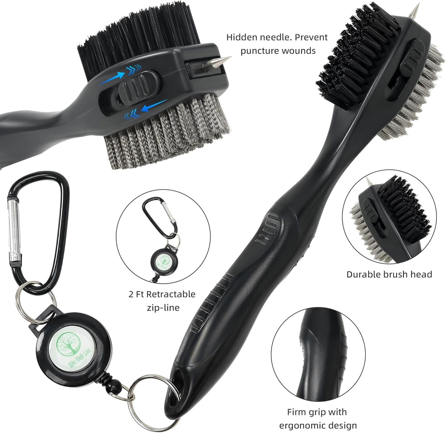 Mile High Life Golf Club Brush, Club Groove Cleaner with 2 Ft Retractable Extension Cord and Aluminum Carabiner, Golf Bag Accessories for Men and Women