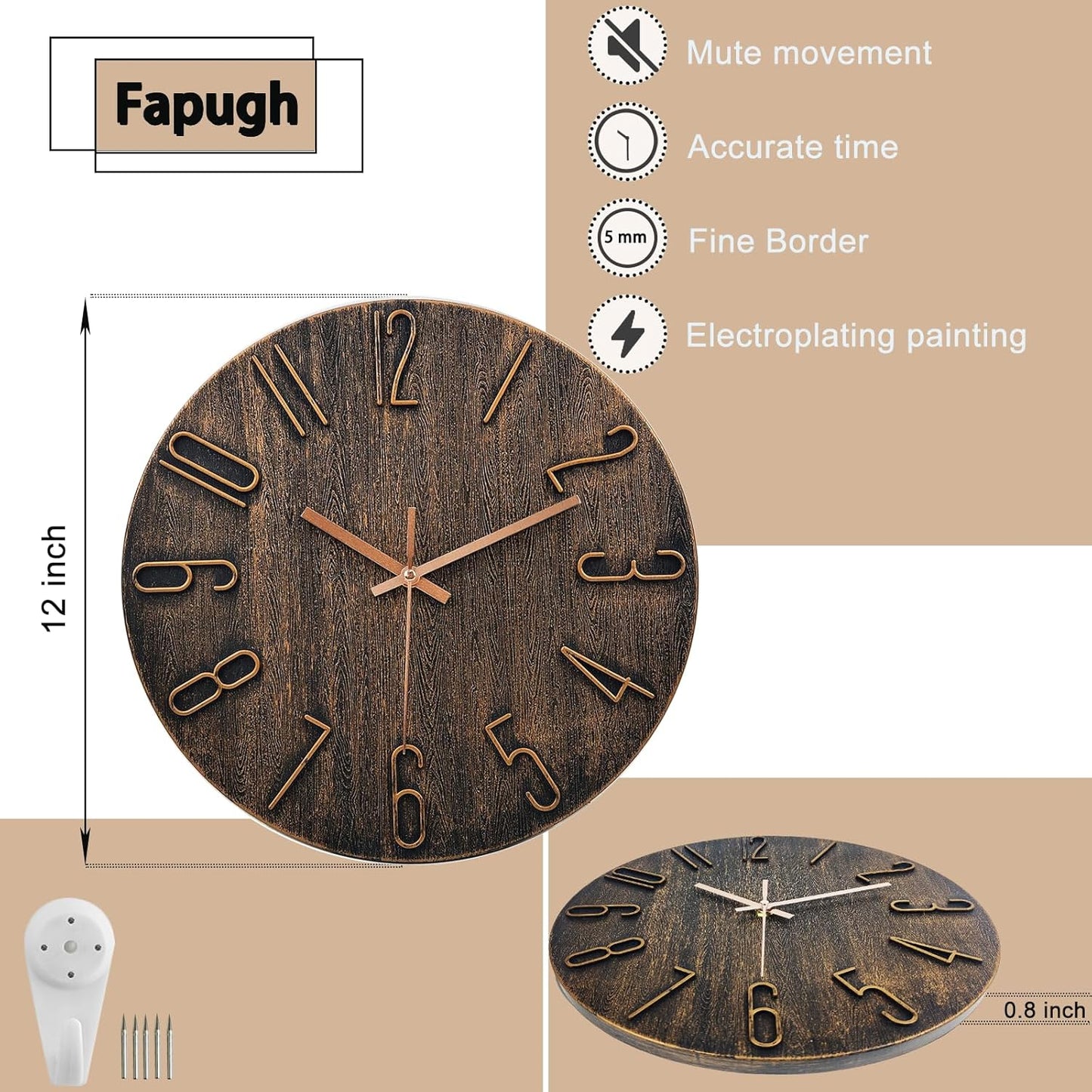 Wall Clock, Silent Clock, Wall Clocks Battery Operated， 12 inch Modern Wall Clock, Suitable for Offices, Living Rooms, Kitchens, Homes, Schools (Brown)