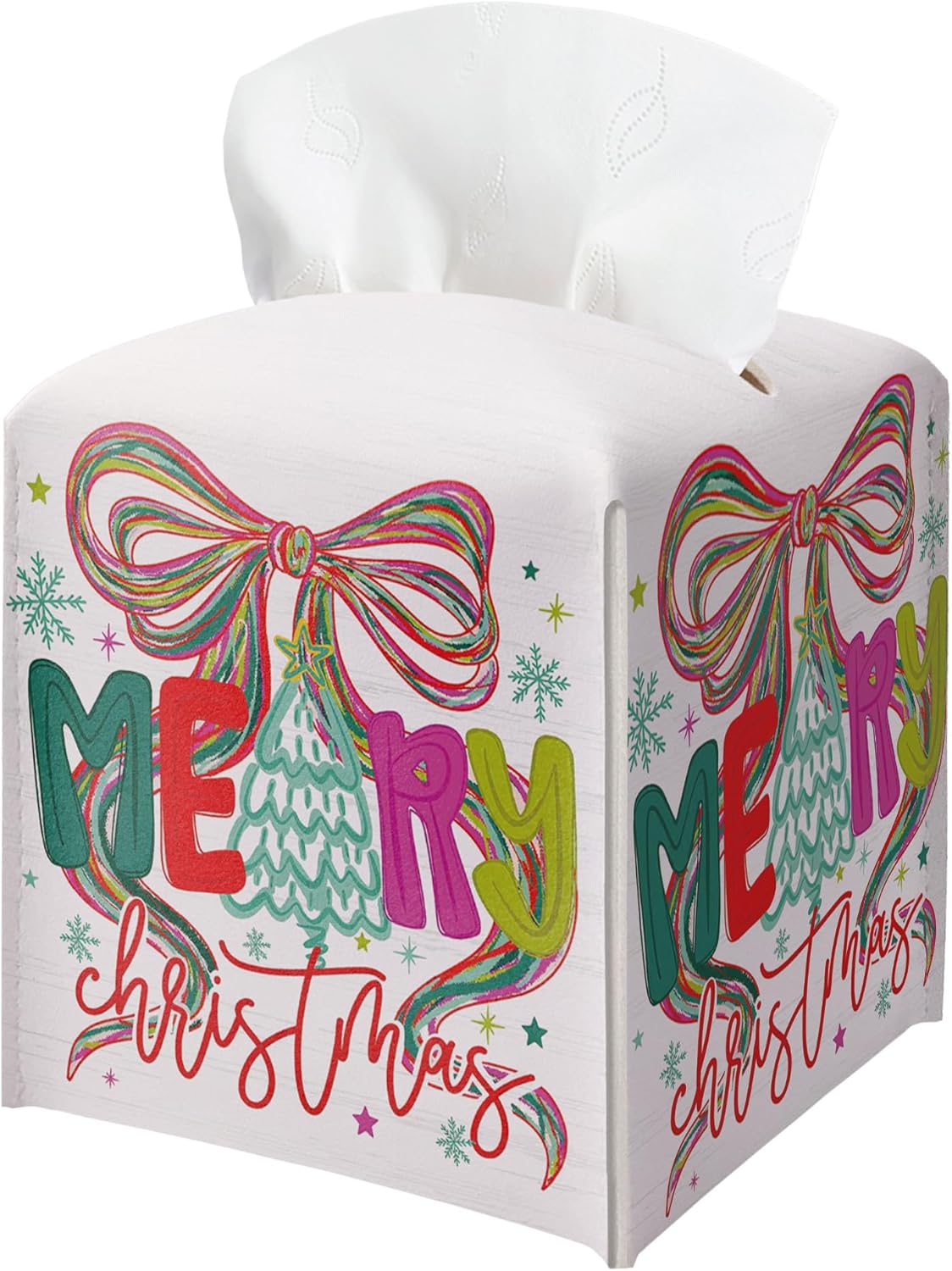 Merry Christmas Tissue Box Holder, Bow Christmas Tree Leather Tissue Box Cover Square, Paper Facial Decorative Tissues Cover for Night Stands Bathroom Kitchen Office Home Decor-B28