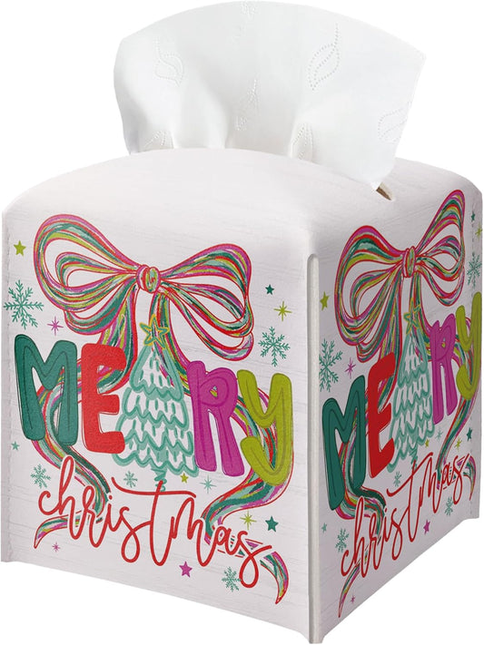 Merry Christmas Tissue Box Holder, Bow Christmas Tree Leather Tissue Box Cover Square, Paper Facial Decorative Tissues Cover for Night Stands Bathroom Kitchen Office Home Decor-B28