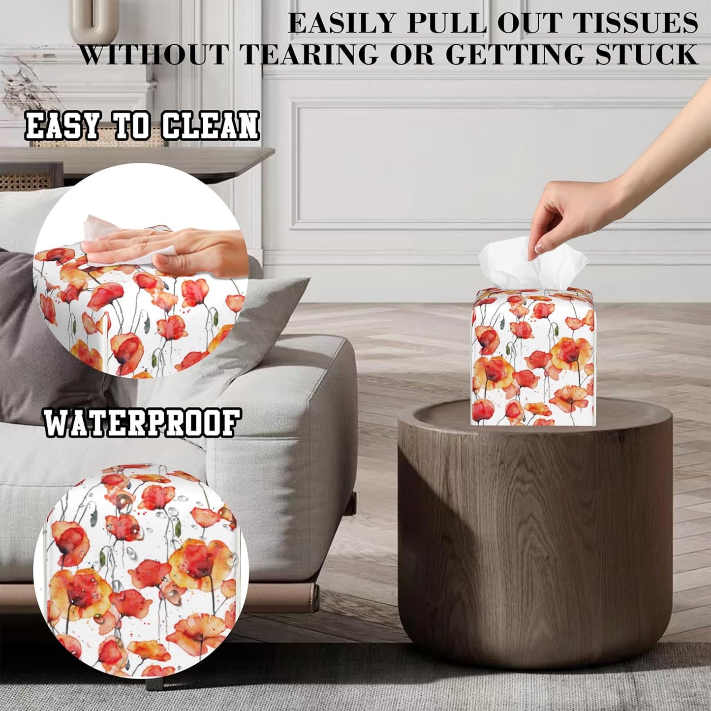 Watercolor Red Flowers Tissue Box Cover Square, Tissue Box Holder Leather Facial Paper Case Decorative Organizer Holder Dispenser Home Office Car Decor