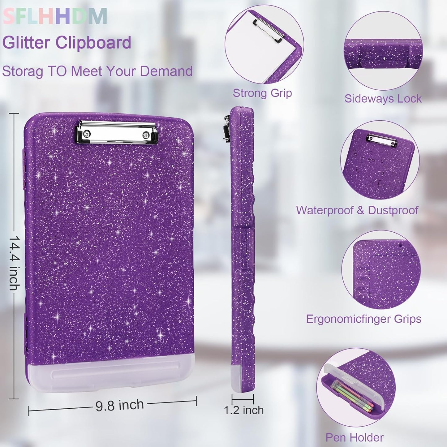 Glitter Clipboard with Storage,Storage Clipboard with Pen Holder,A4 Binder Clip Boards 8.5x11 with Low Profile Clip,Side Opening Sparkle Clipboards, Clipboards Folder for Office Supplies-Dark Purple