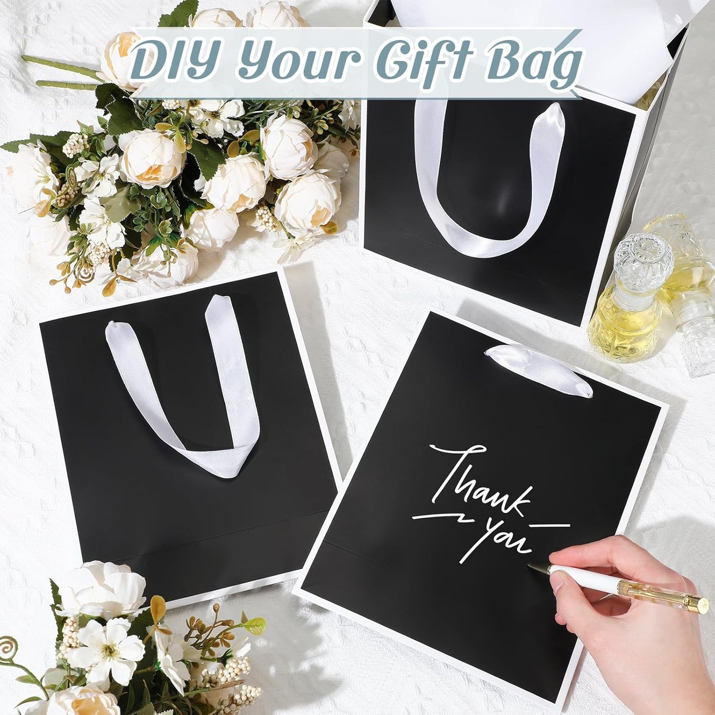 Yeaqee 24 Pack Metallic Paper Gift Bags with Handle and Tissue 9x7x3.1 Gold Foil Welcome Favor Bags Return Gifts for Wedding Fall 5 Senses Christmas Bridesmaid Birthday(Black, White)