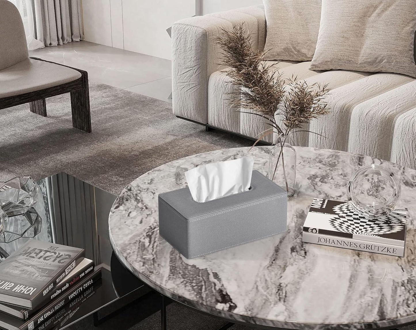 Tissue Box Cover Rectangular 9.8"(L) x 5.3"(W) x 4.3"(H) Refined Modern PU Leather Facial Tissue Dispenser Box Holder for Dresser Bathroom Decorative (Linen Grey)