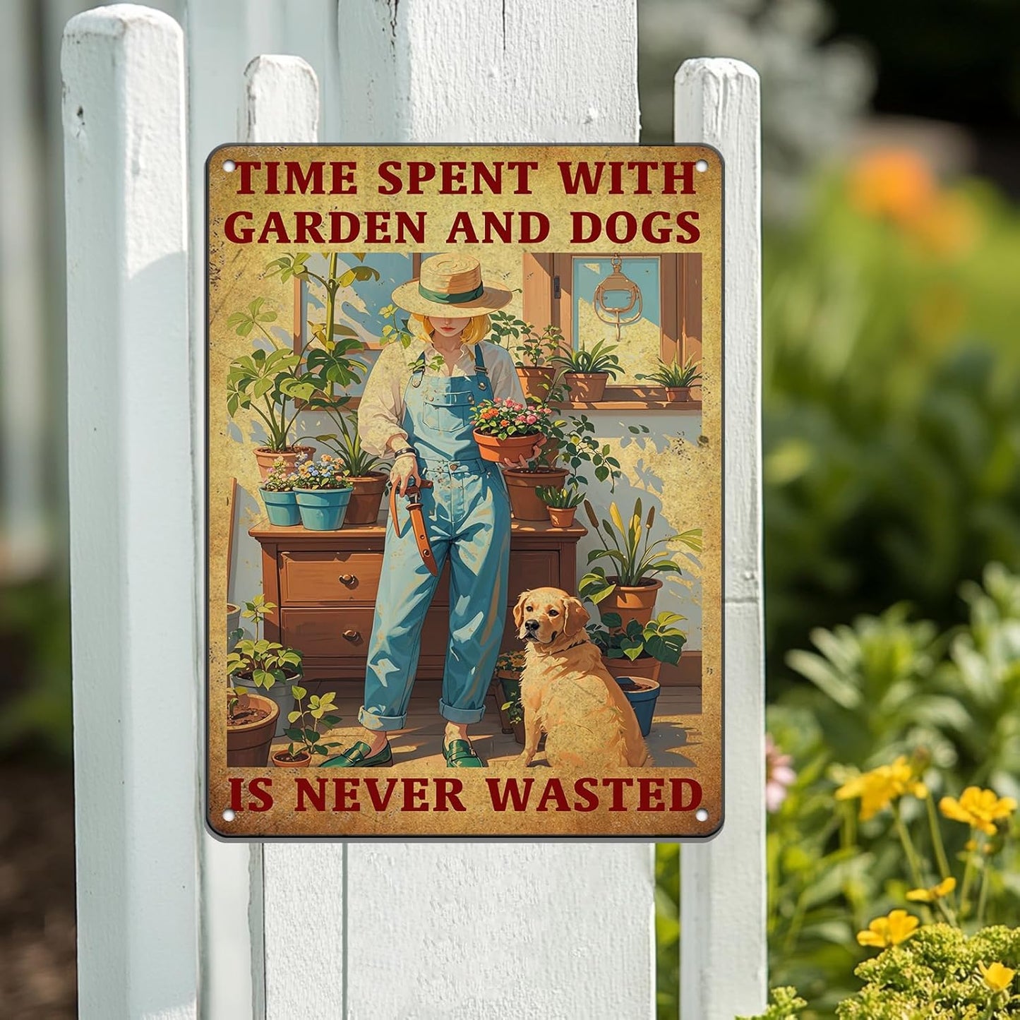 Vintage Garden Time Spent with Garden and Dogs is Never Wasted Metal Tin Sign 8x12 Inch Home Restaurant Wall Decor