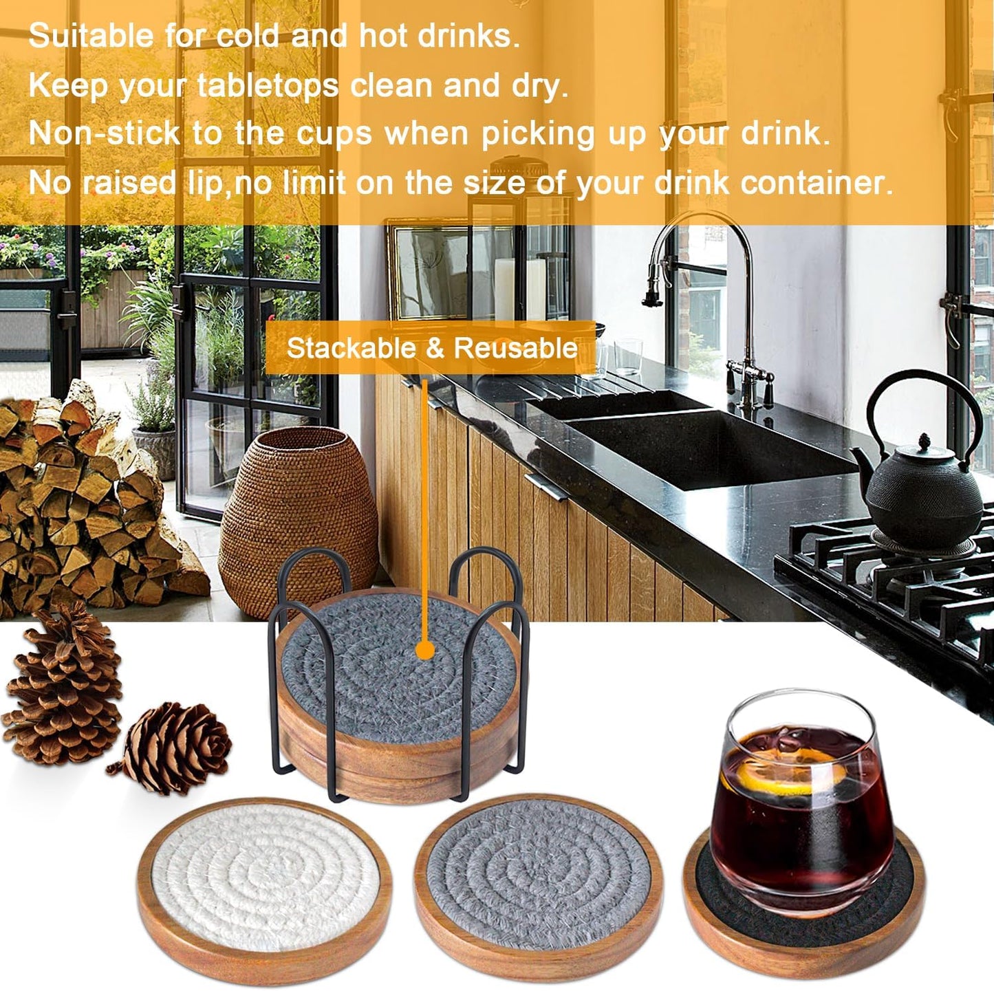 Coasters for Drinks Absorbent Sets of 5, Woven Coasters with Holder, Wood Coasters for Coffee Table, Housewarming Gift for Farmhouse Home Decor, 4 inches (Gray Series)