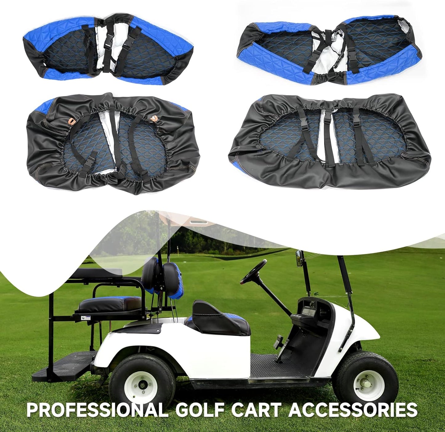 XUANYUDG0769 Golf Cart Front and Rear Seat Covers for EZGO TXT/RXV Club Car DS/Precedent Yamaha G29, Vinyl Leather Made/Adjustable Straps and Retractable Buckle/No Stapler Required,4PCS