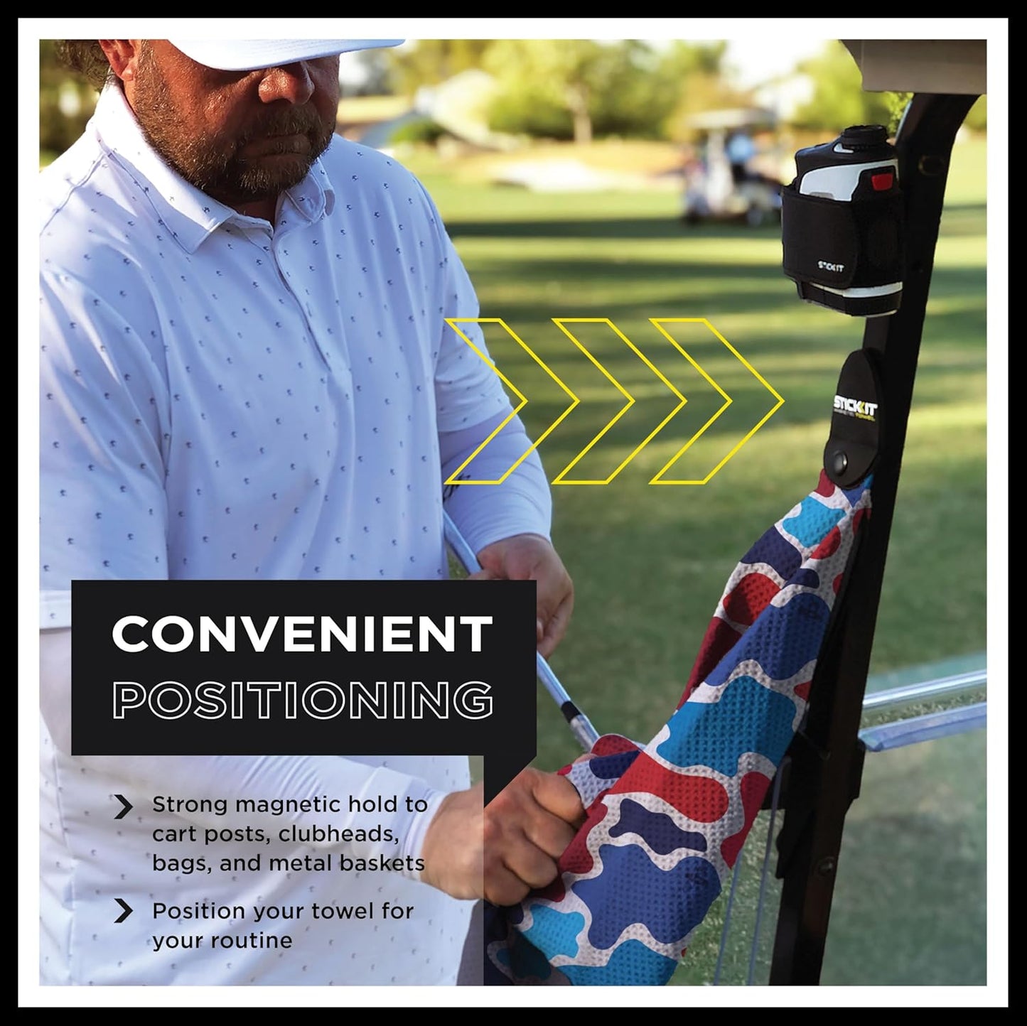 STICKIT Magnetic Golf Towel, Patriotic Camo | Top-Tier Microfiber Golf Towel with Deep Waffle Pockets | Industrial Strength Magnet for Strong Hold to Golf Carts or Clubs | Red, White and Blue Camo
