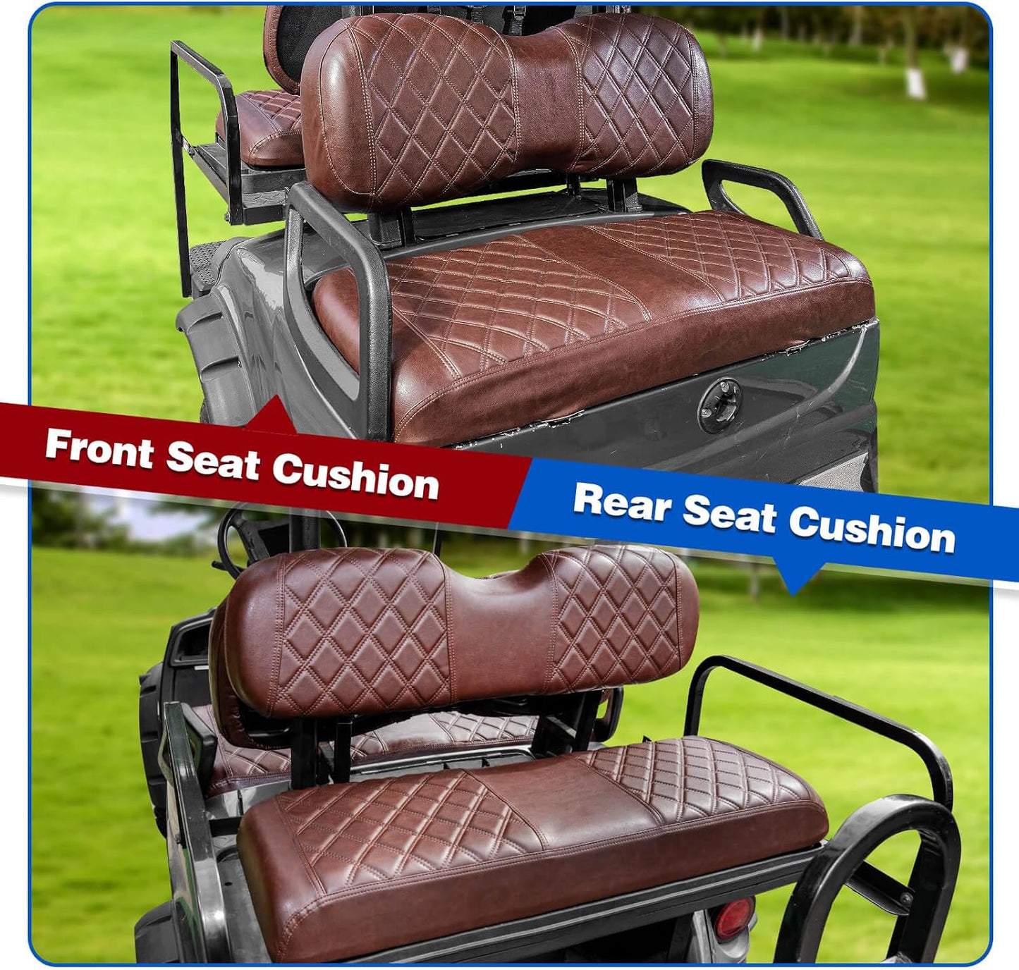 NOKINS 4PCS Golf Cart Seat Covers Kit, Front and Rear Seat Covers Fits YAMAHA/G29/Drive2 Standard Seat Cushion, Yamaha Vinyl Diamond Replacement Seat Covers, No Stapler(Brown Brown 8438)