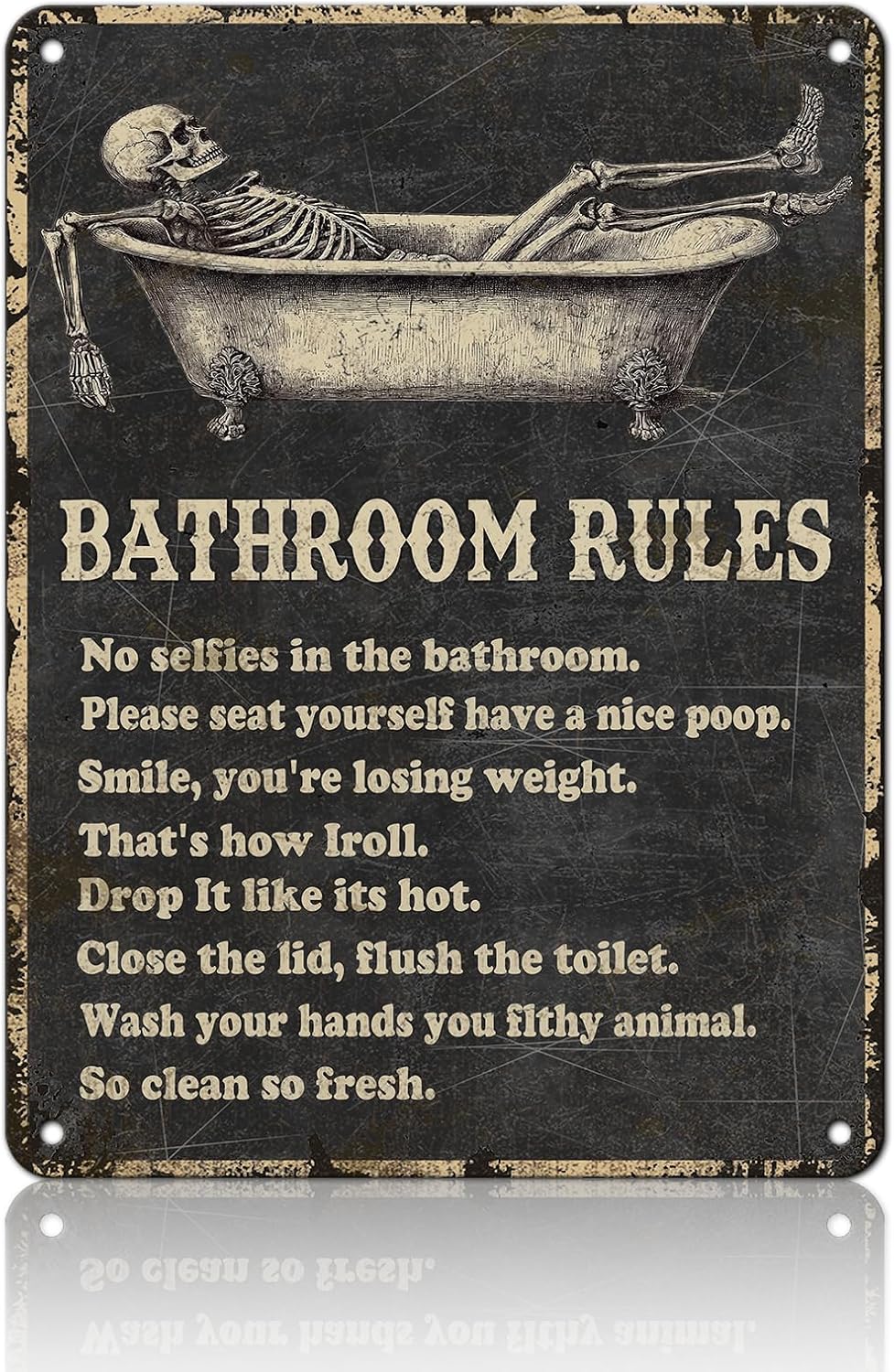 Funny Skull Bathroom Rules Metal Tin Sign Wall Decor - Vintage Bathroom Quote Tin Sign for Toilet Restroom Washroom Home Decor 12x16 Inch