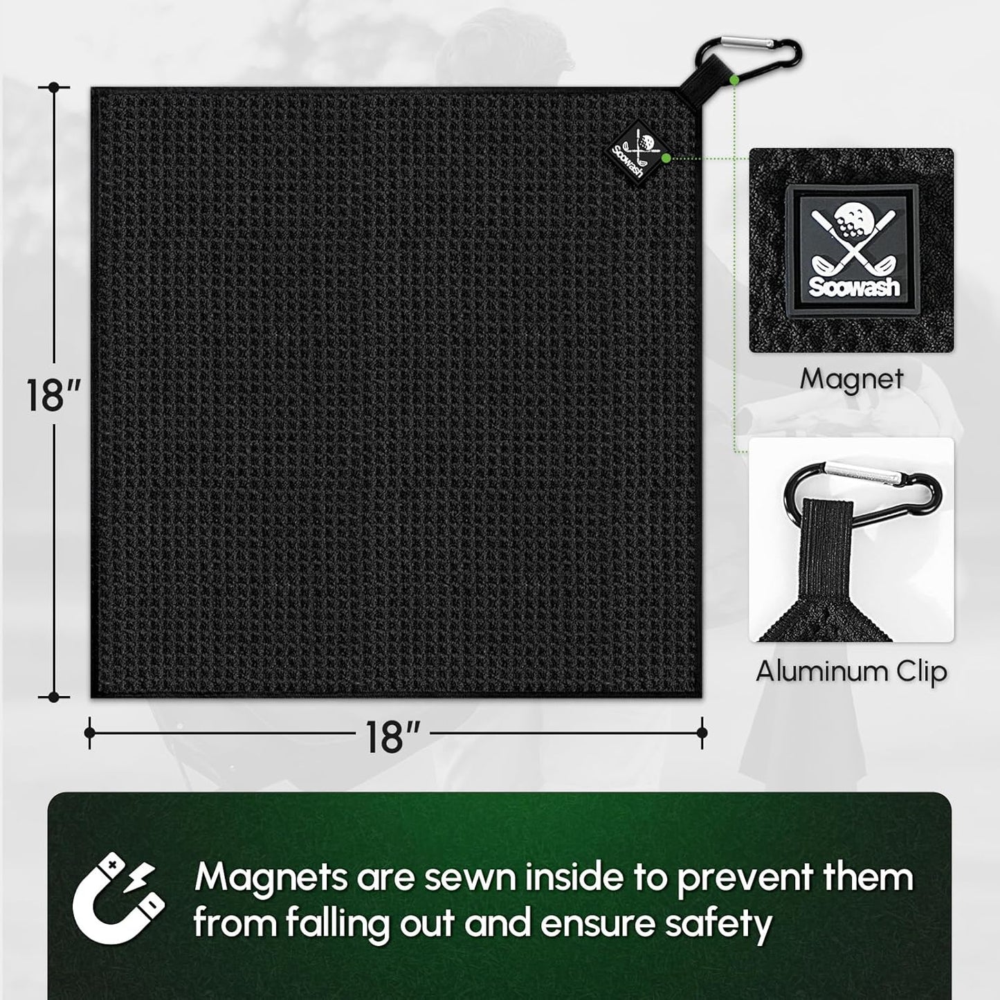 Magnetic Golf Towel 2-Pack, 18x18 Inch Microfiber Waffle Design with Strong Magnet - Golf Towels for Golf Bags/Carts, Quick-Dry & Ultra Absorbent(Black)